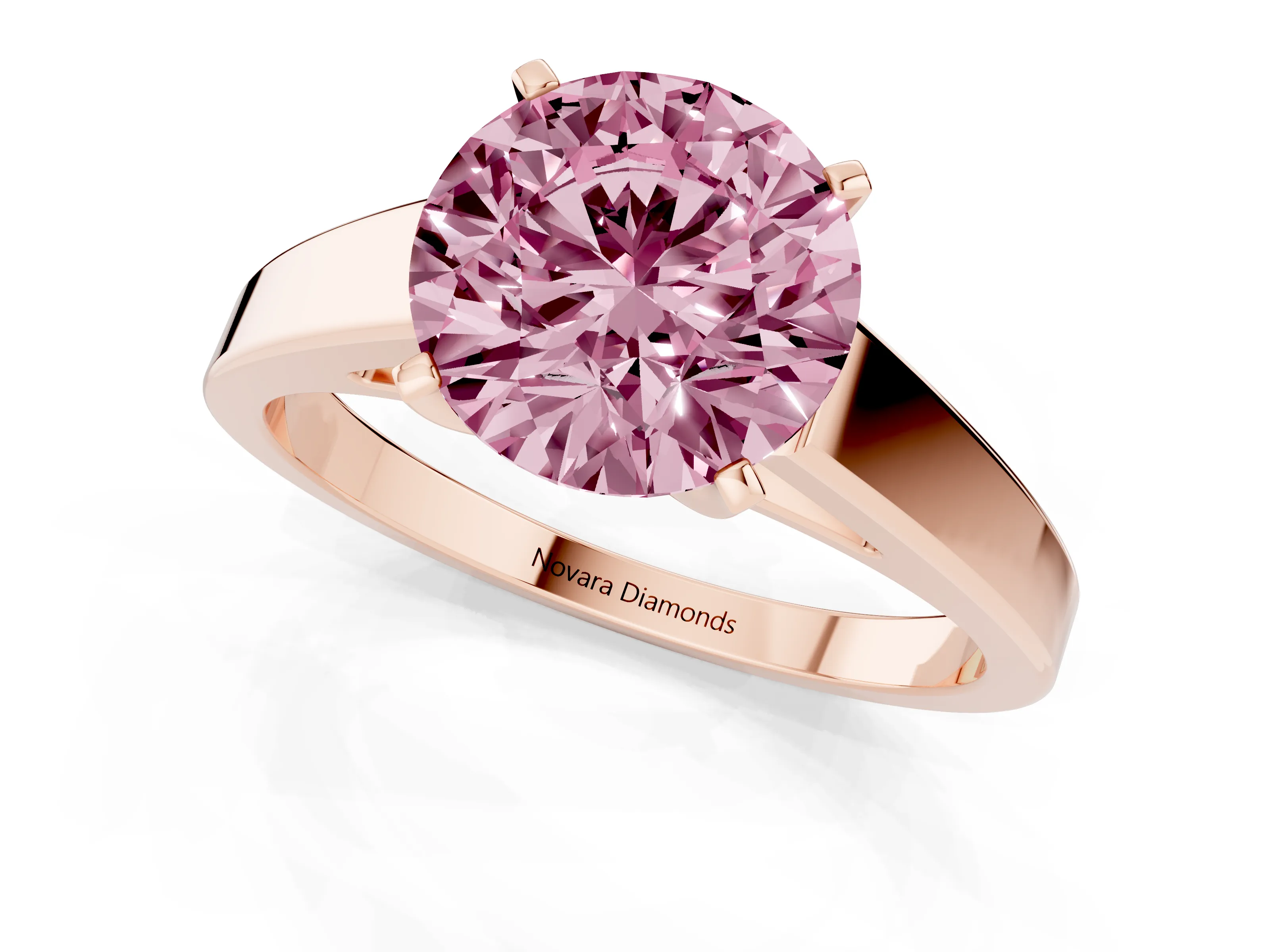 Fancy Pink Round Cut Diamond Solitaire Engagement Ring Set in Rose gold with Prong Setting and Tapered Band