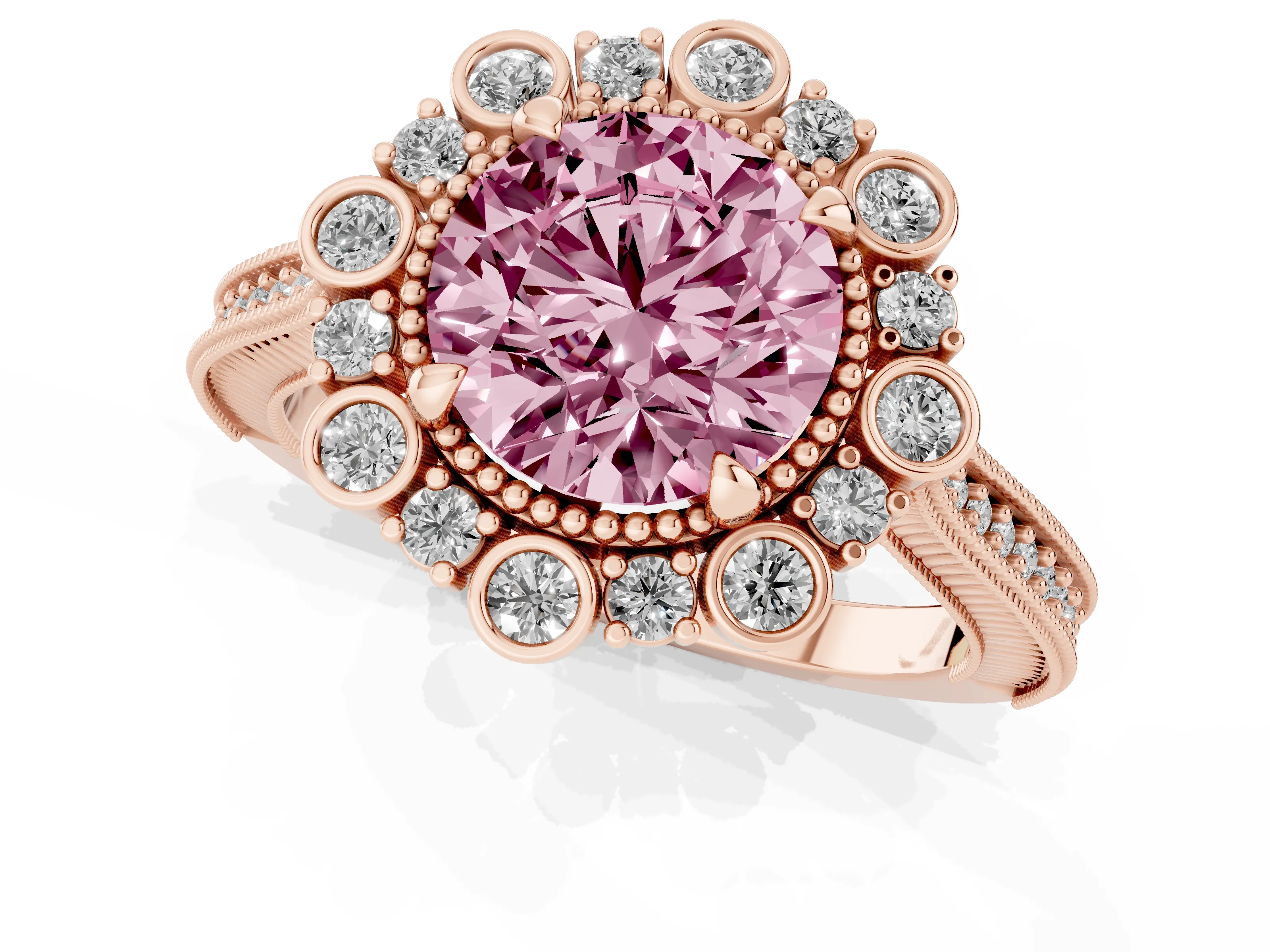Fancy Pink Round Cut Diamond Halo Milgrain Pavé Ring Set in Rose gold with Prong Setting