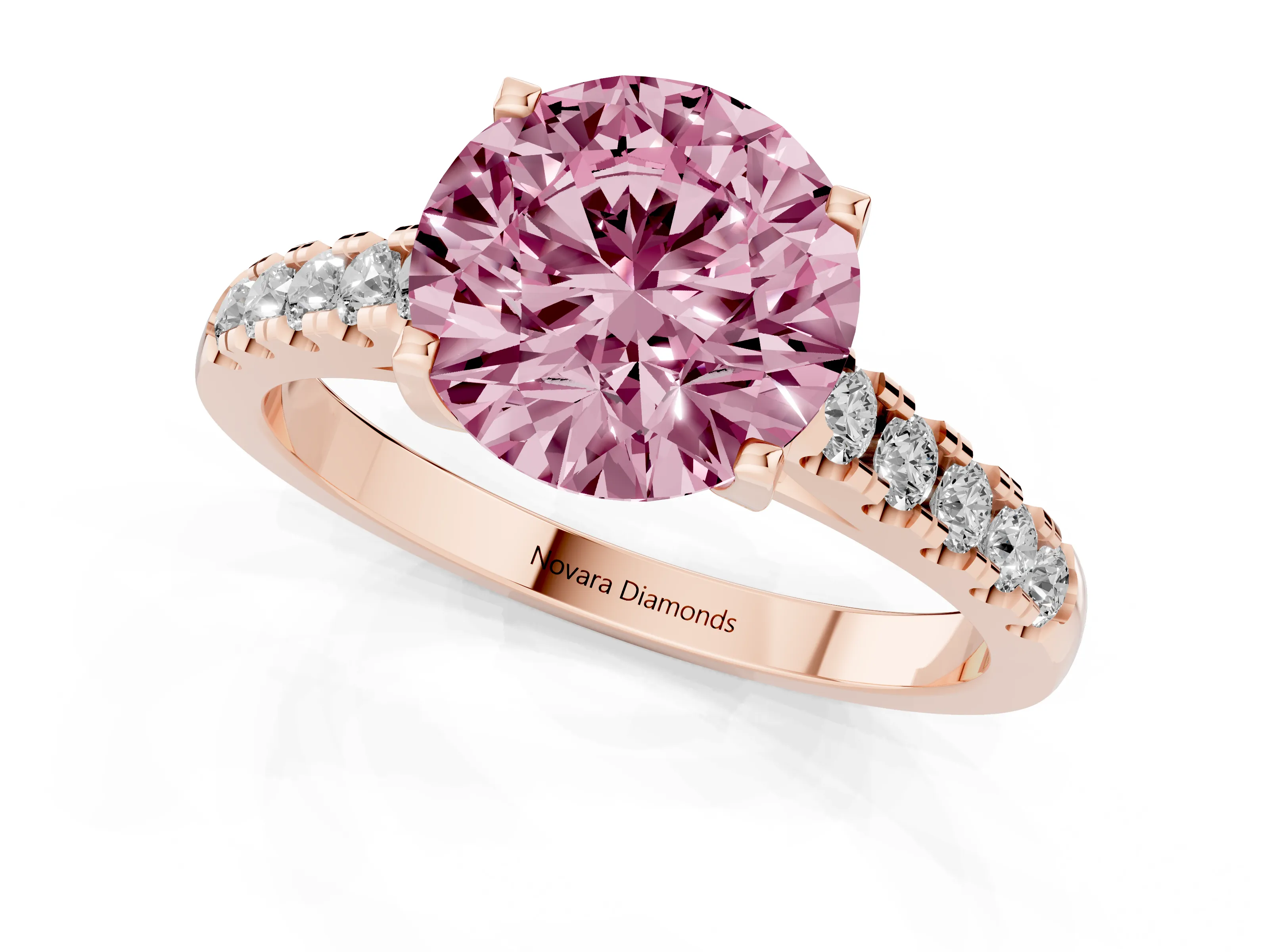 Fancy Pink Round Cut Diamond Pavé Band Solitaire Ring Set in Rose gold with Partway Accent Stones and Prong Setting