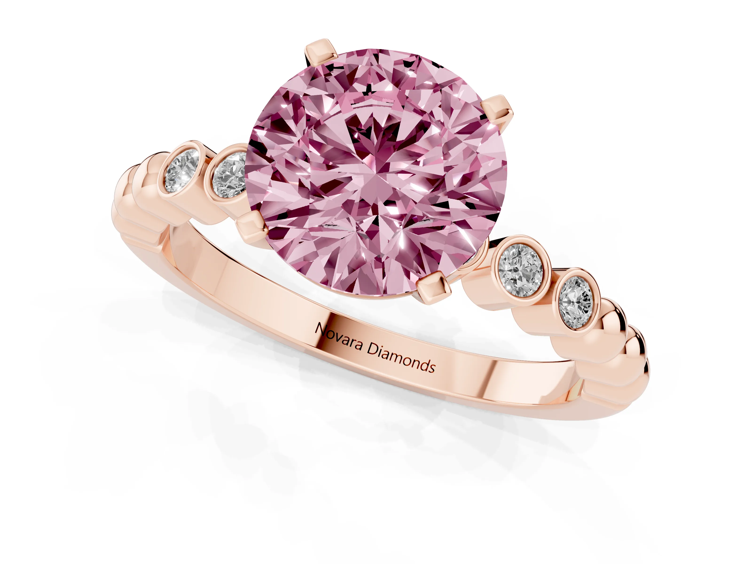 Fancy Pink Round Cut Diamond Solitaire Engagement Ring Set in Rose gold with Bezel Accents on Beaded Band – second view