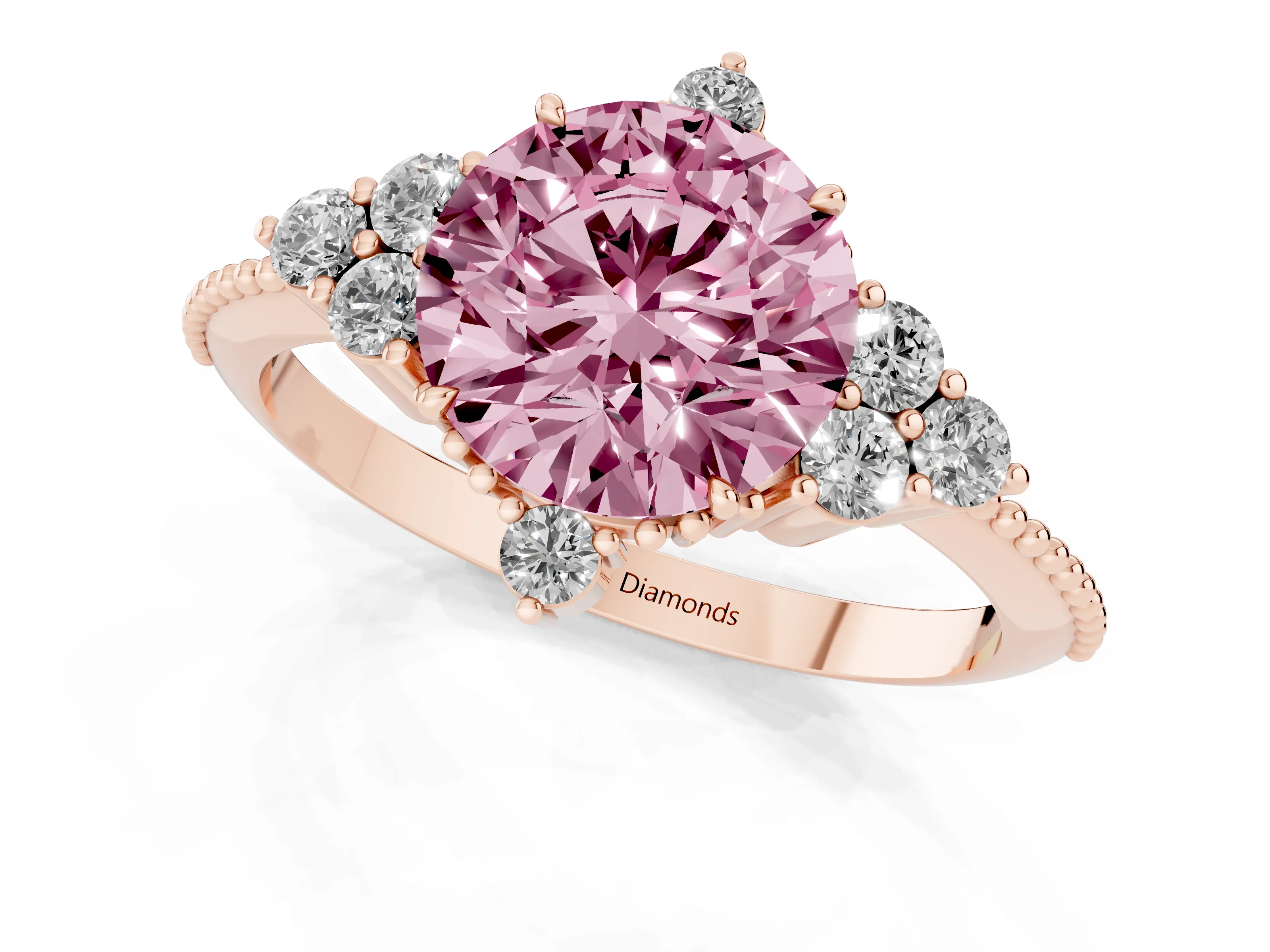 Fancy Pink Round Cut Diamond Cluster Ring Set in Rose gold with Beaded Band