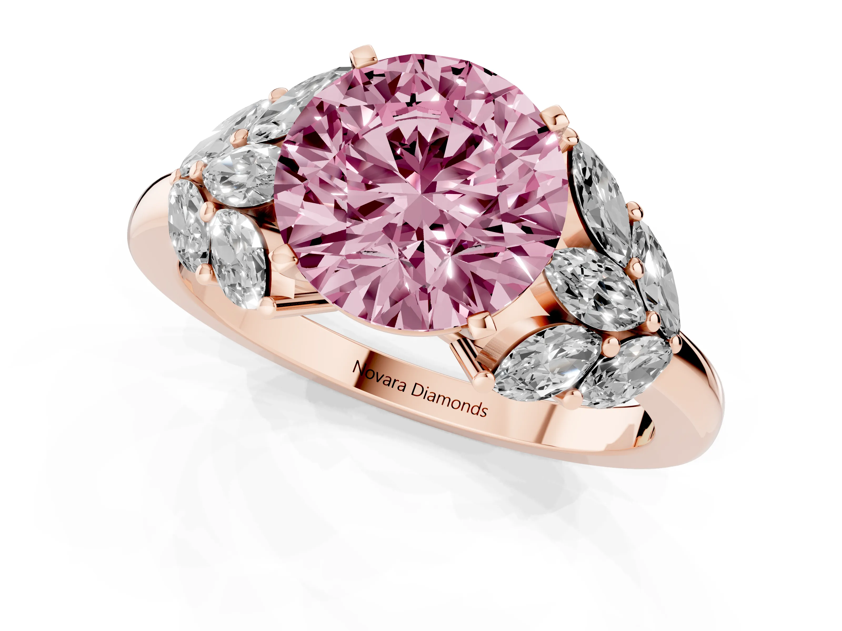 Fancy Pink Round Cut Diamond Cluster Leaf Design Ring Set in Rose gold with Prong Setting