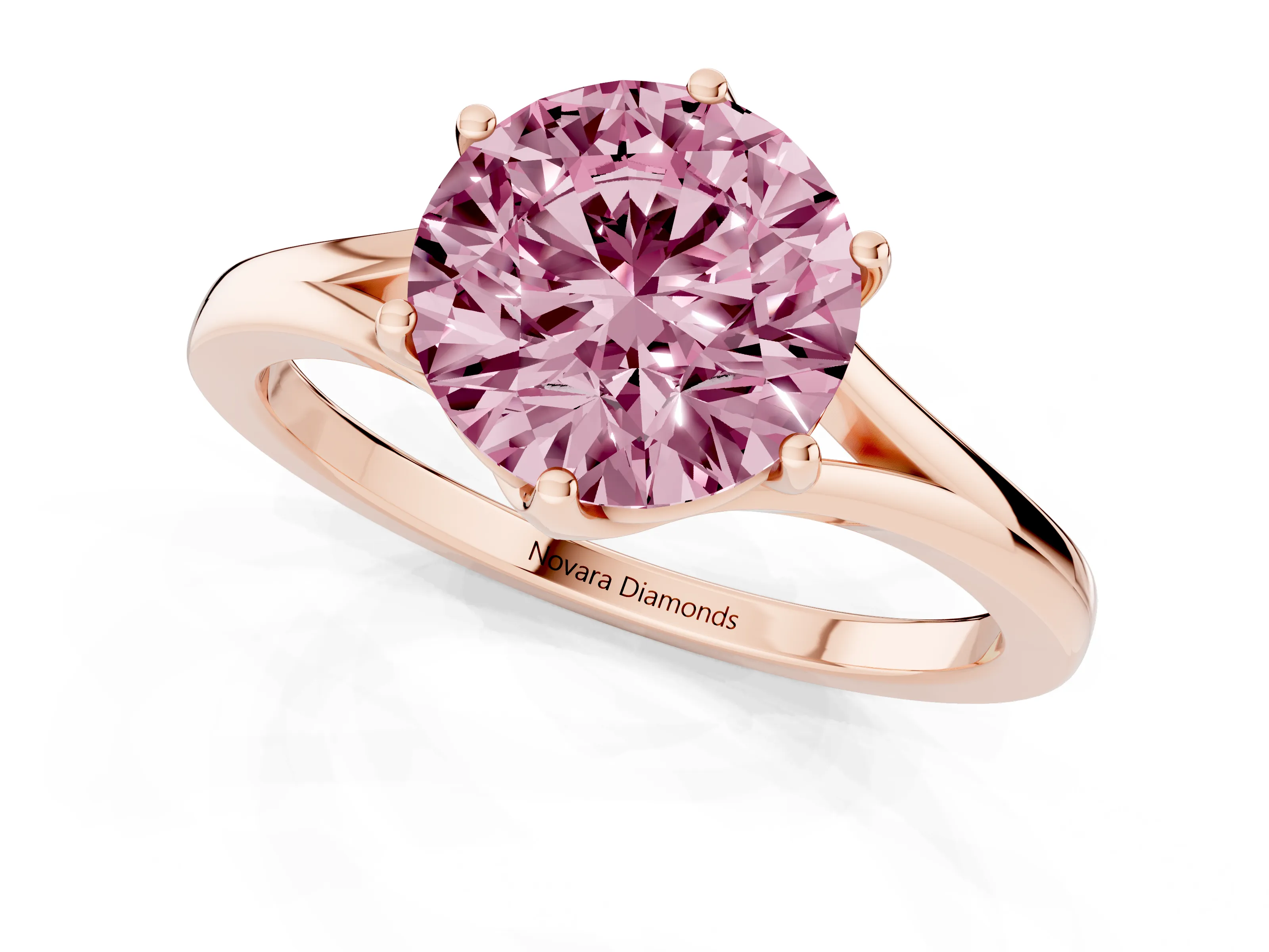 Fancy Pink Round Cut Diamond Solitaire Ring Set in Rose gold with Polished Tapered Band and Prong Setting
