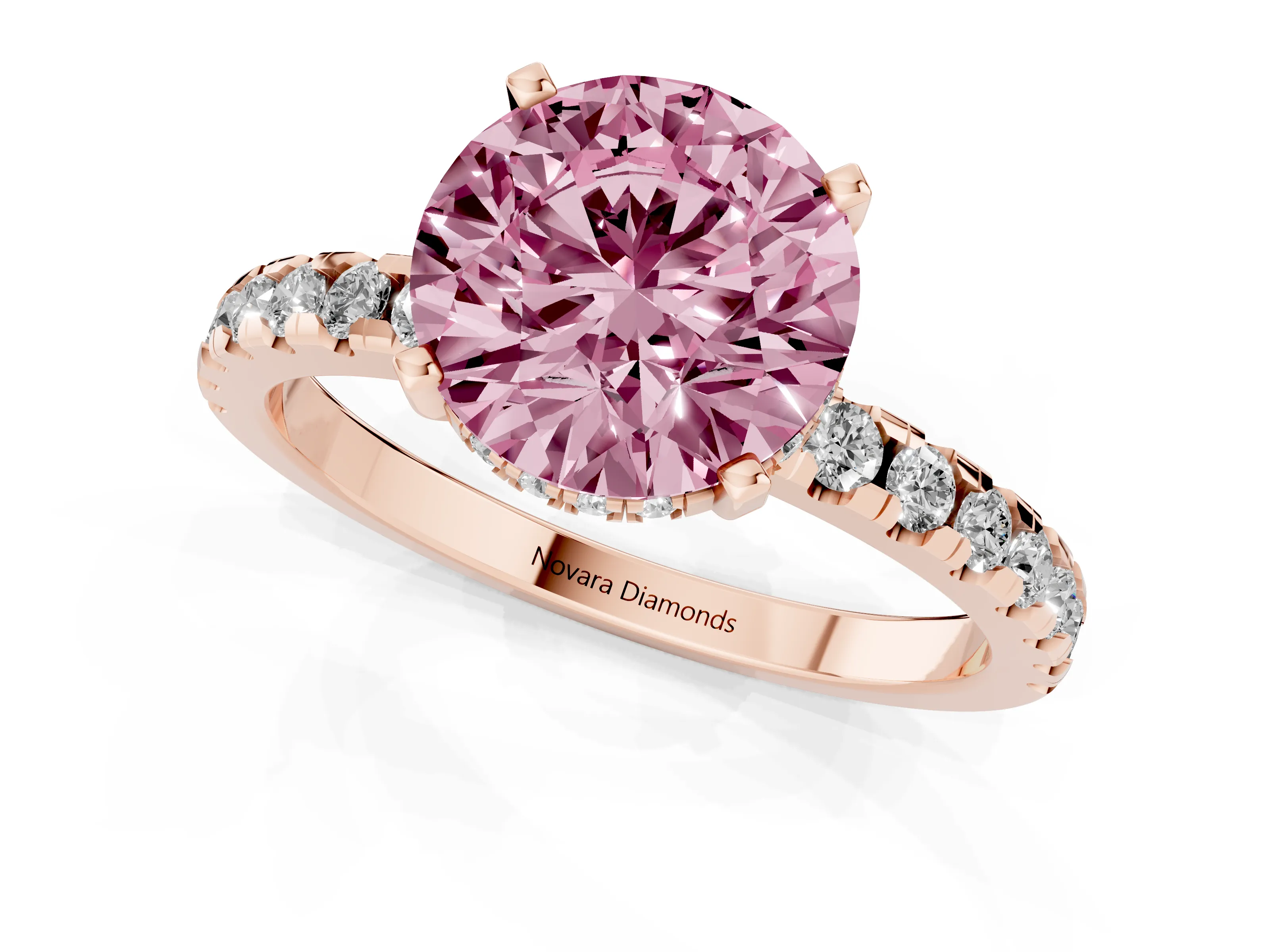 Fancy Pink Round Cut Diamond Pavé Solitaire Ring Set in Rose gold with Round Band Accents and Prong Setting