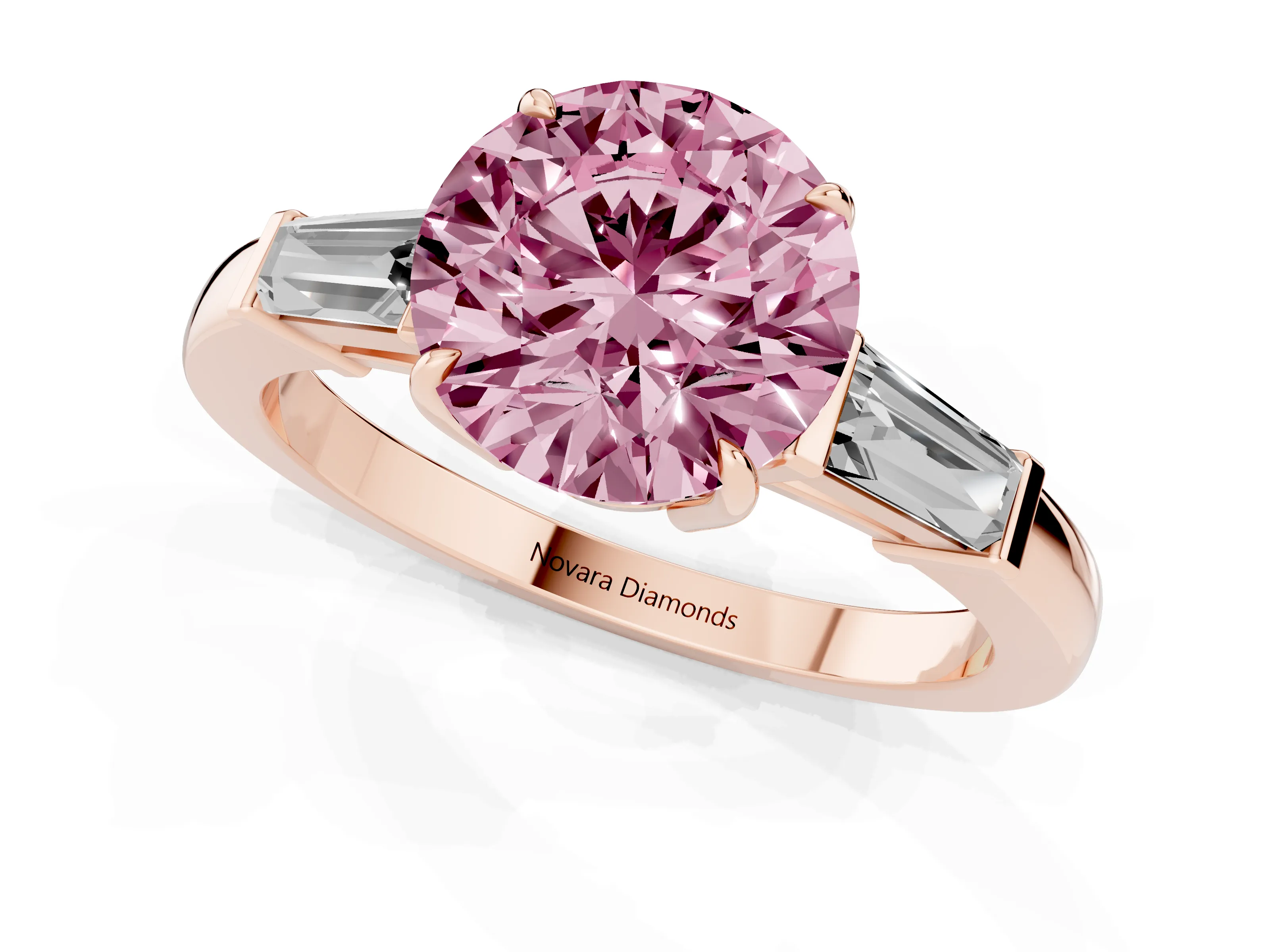 Fancy Pink Round Cut Diamond Three-Stone Ring Set in Rose gold with Tapered Baguette Side Stones and Prong Setting