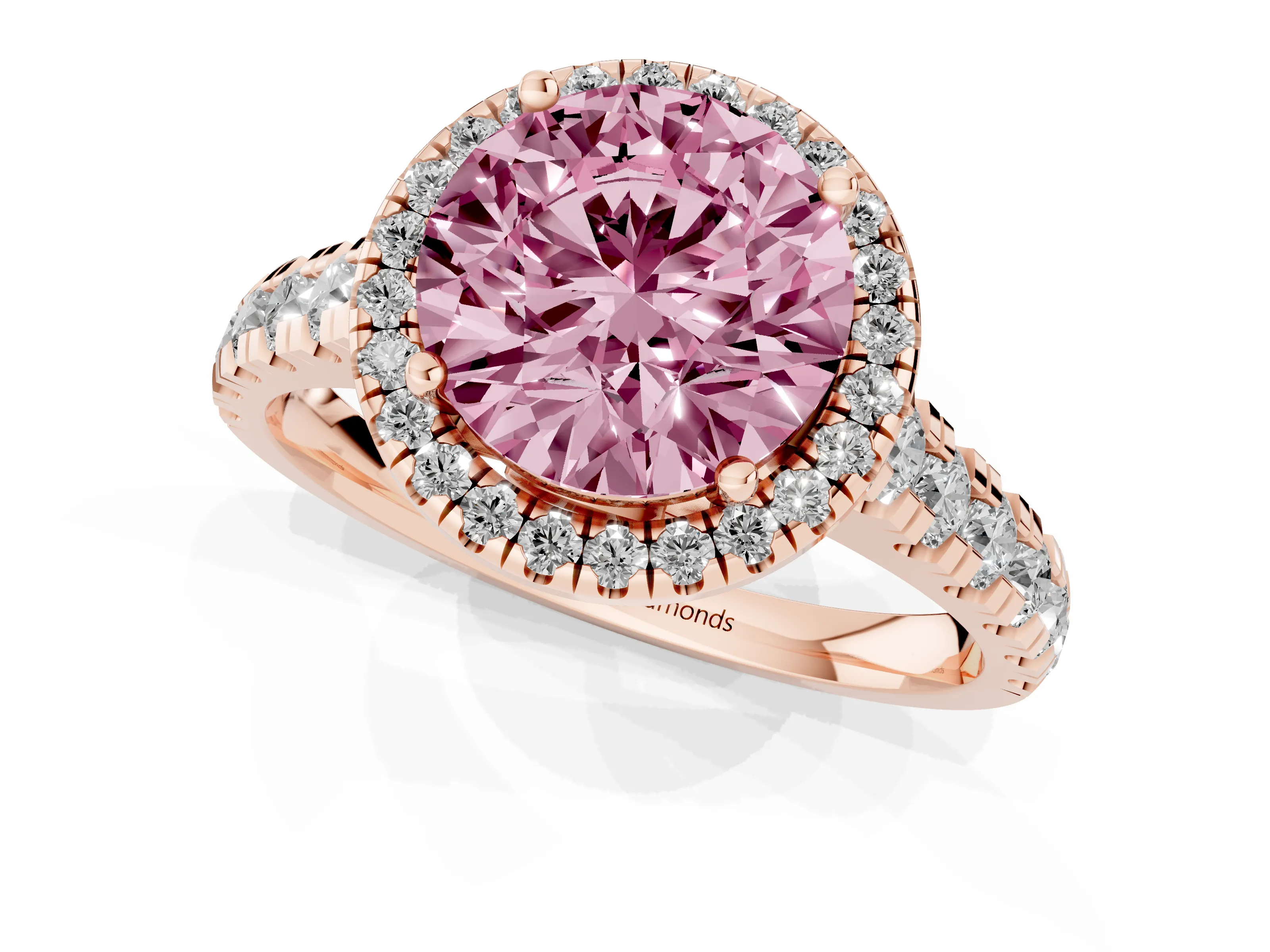 Fancy Pink Round Cut Diamond Halo Engagement Ring Set in Rose gold with Pavé Band and Prong-Set Center