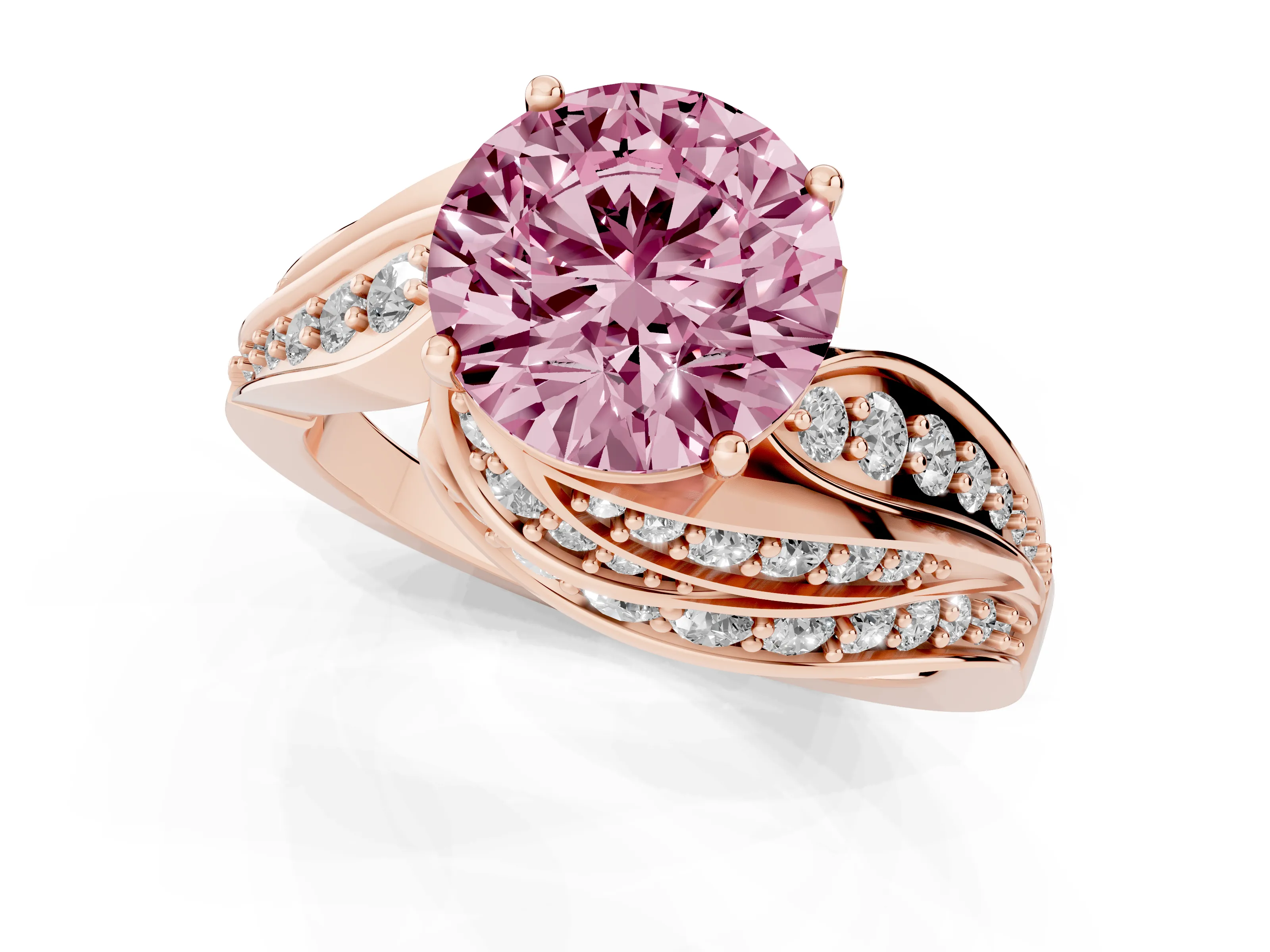 Fancy Pink Round Cut Diamond Solitaire Ring Set in Rose gold with Layered Twist Pavé Band