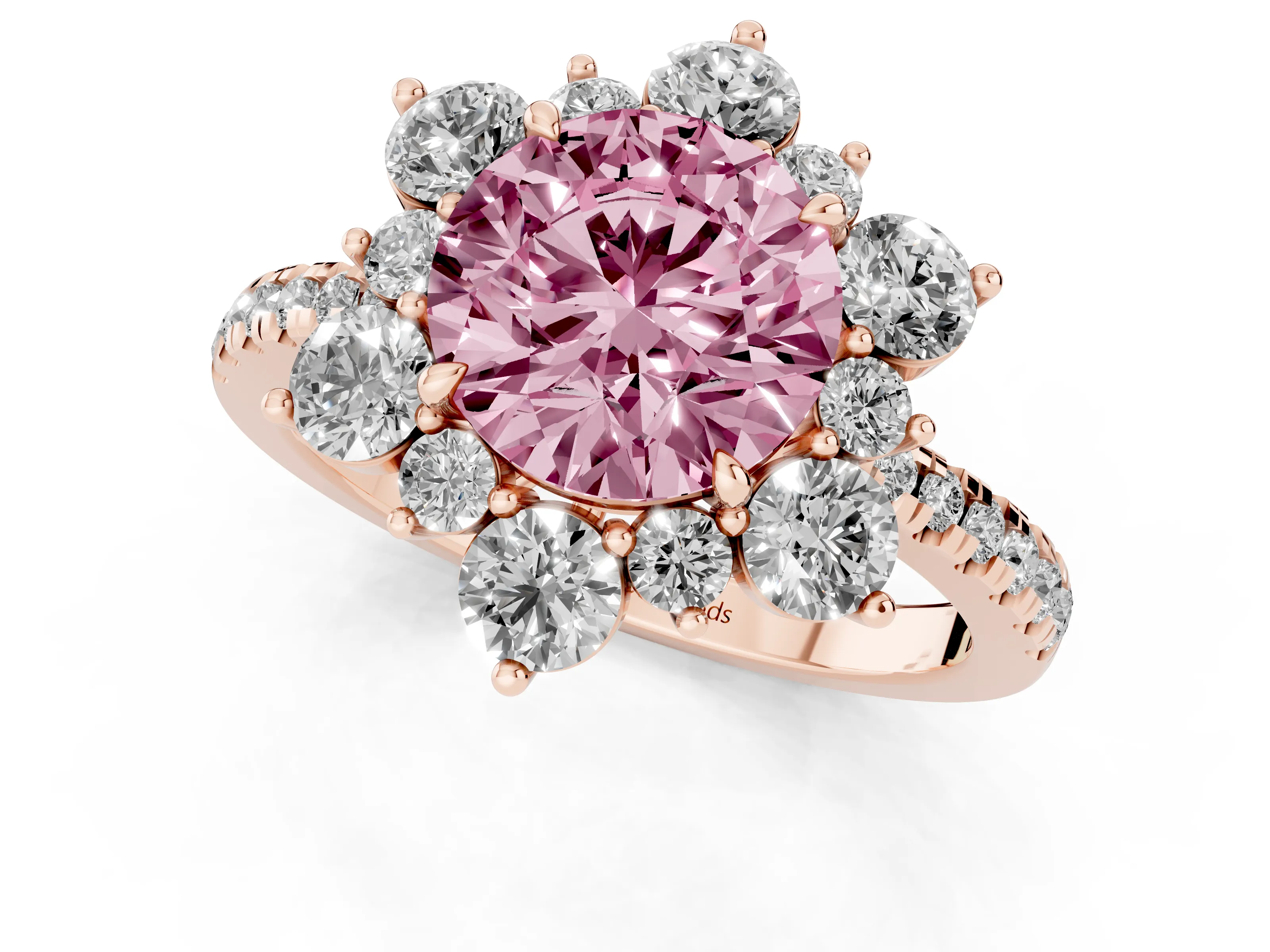 Fancy Pink Round Cut Diamond Floral Halo Ring Set in Rose gold with Round Pavé Band and Prong Setting