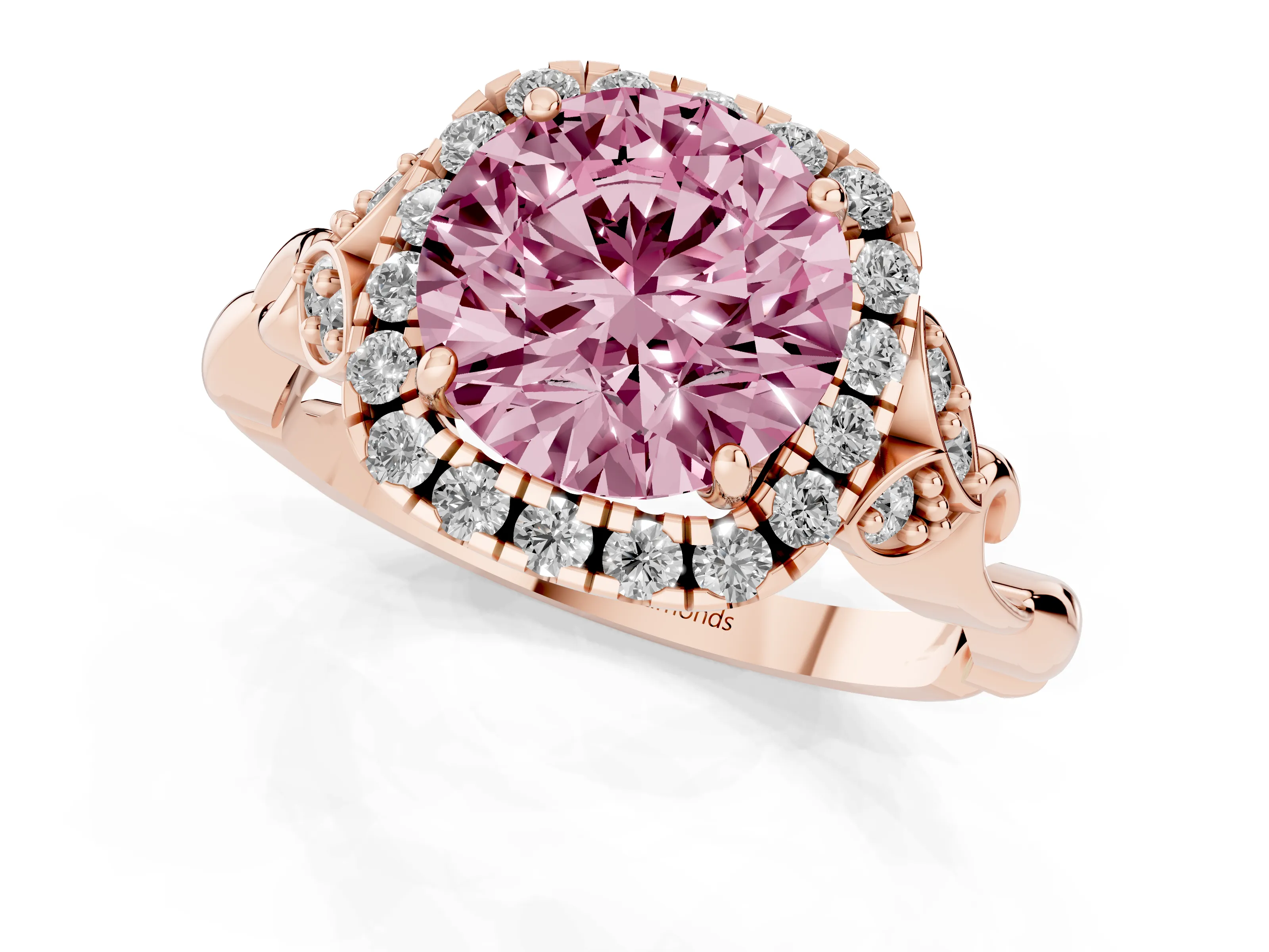 Fancy Pink Round Cut Diamond Halo Engagement Ring Set in Rose gold with Vintage-Inspired Band and Prong Setting