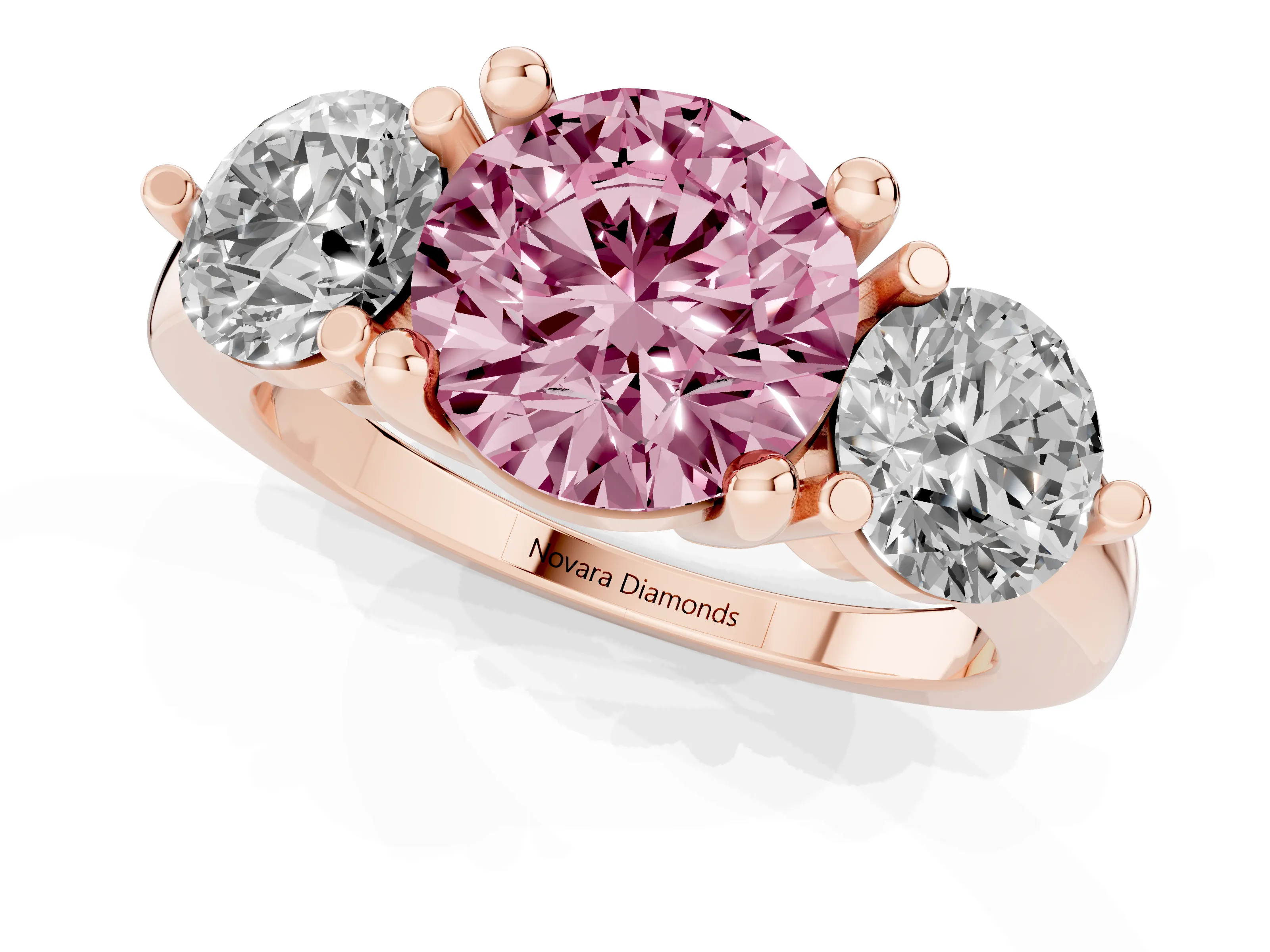 Fancy Pink Round Cut Diamond Three-Stone Ring Set in Rose gold with Prong Setting and Classic Band