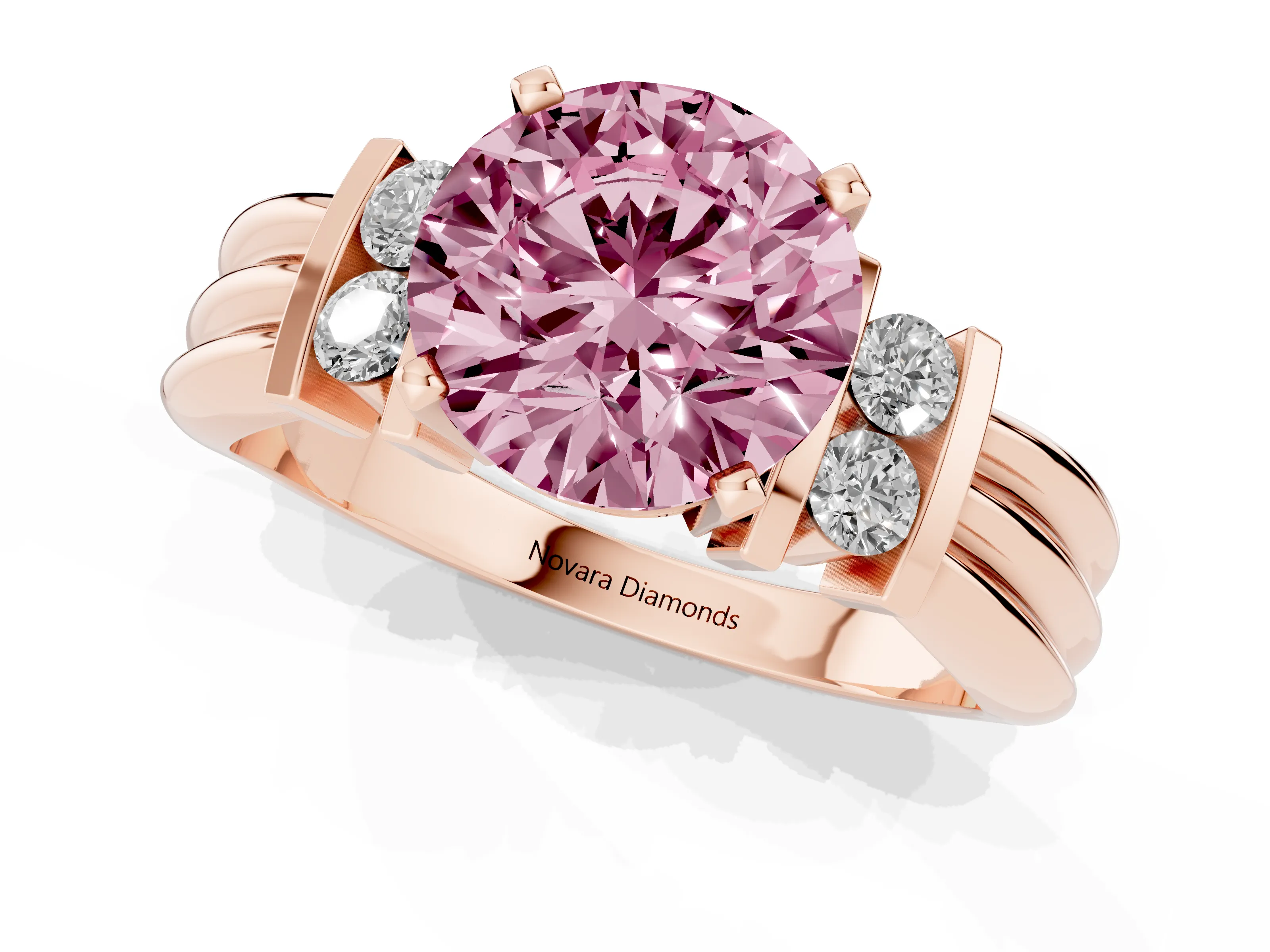 Fancy Pink Three-Stone Round Cut Diamond Channel Set Ring Set in Rose gold with Bar Prongs