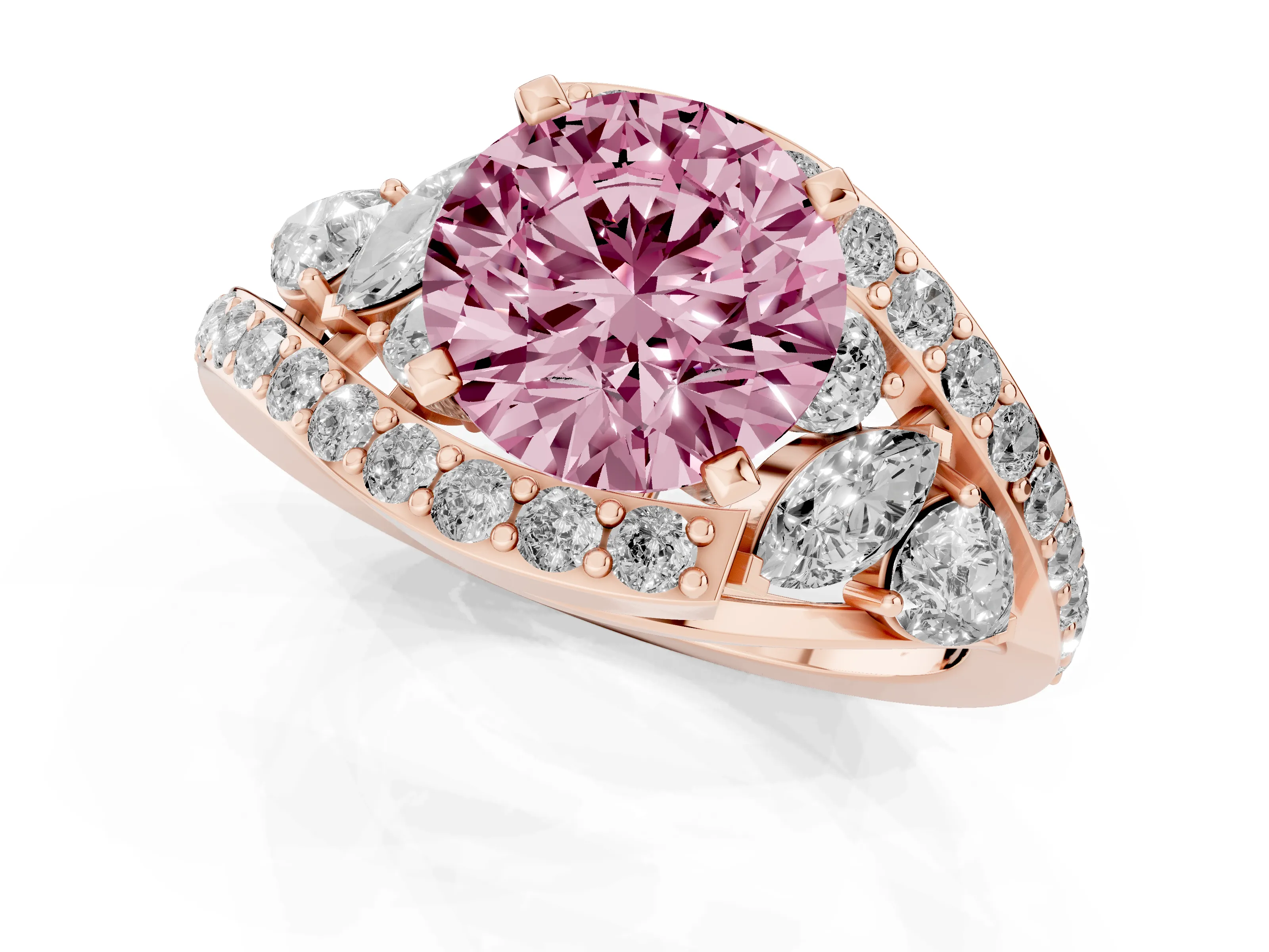Fancy Pink Round Cut Diamond Halo Ring Set in Rose gold with Marquise and Pavé Band in Prong Setting