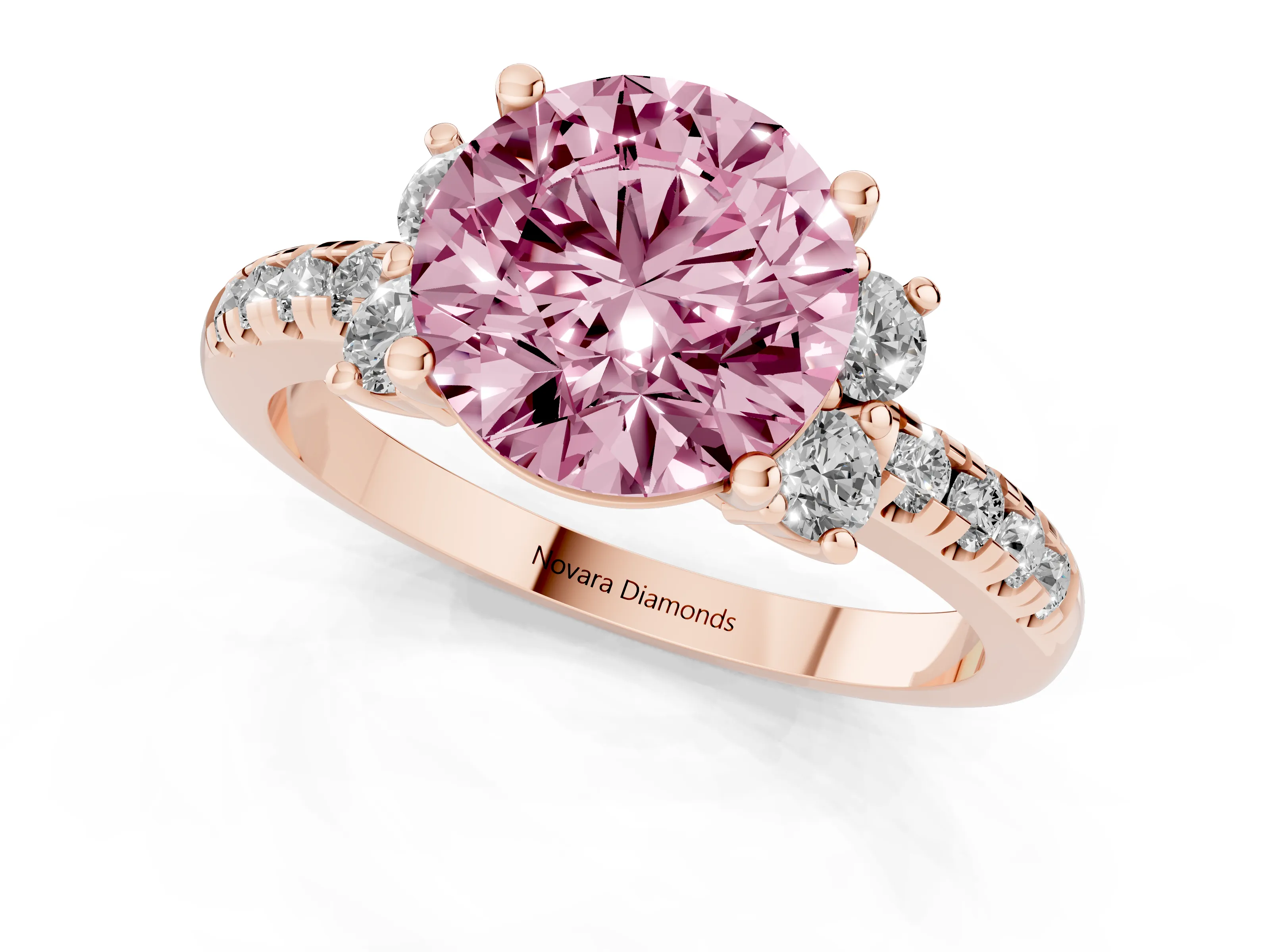 Fancy Pink Round Cut Diamond Three-Stone Pavé Ring Set in Rose gold with Prong Setting