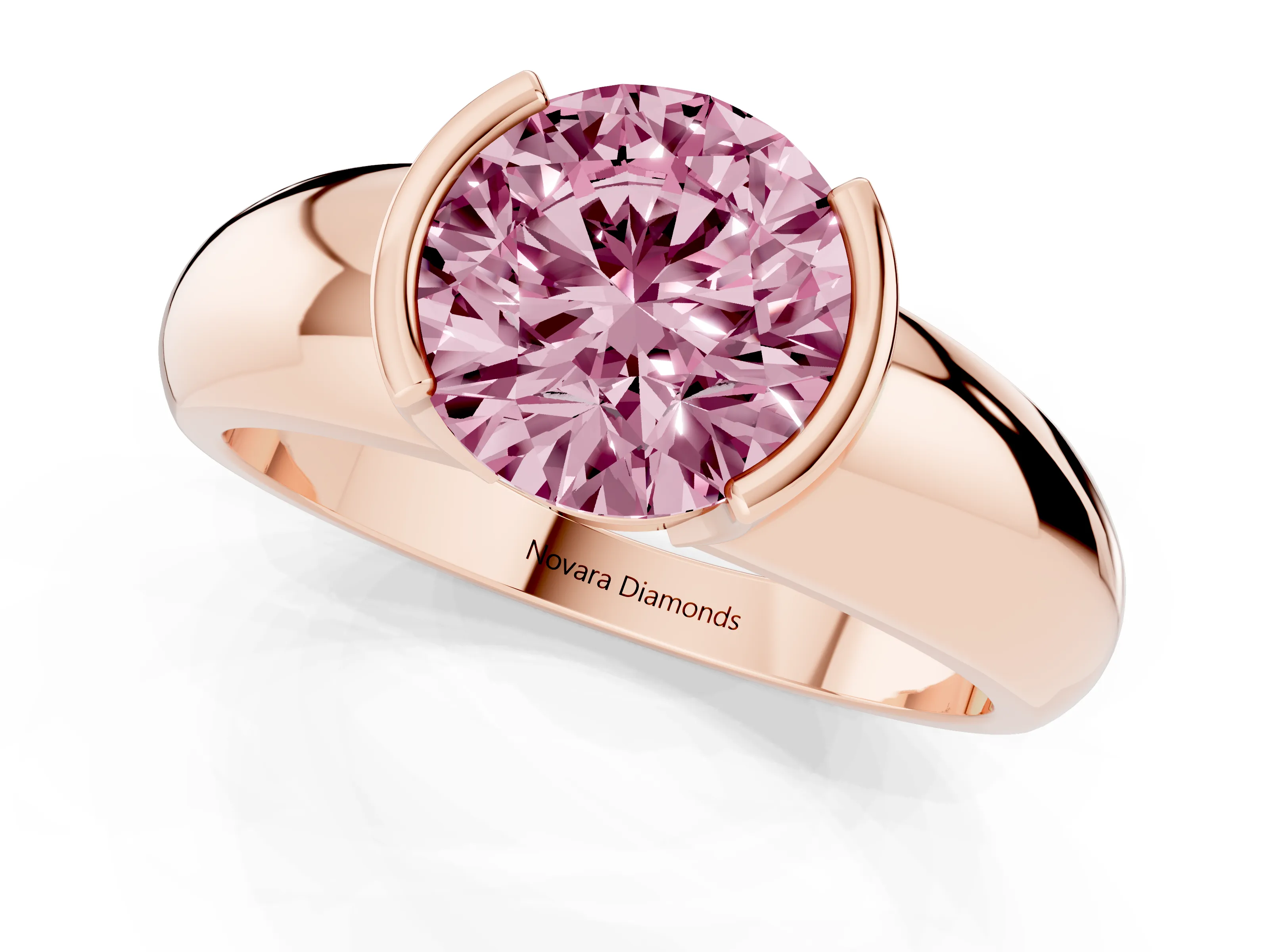 Fancy Pink Round Cut Diamond Solitaire Tension Set Ring Set in Rose gold with Wide Band