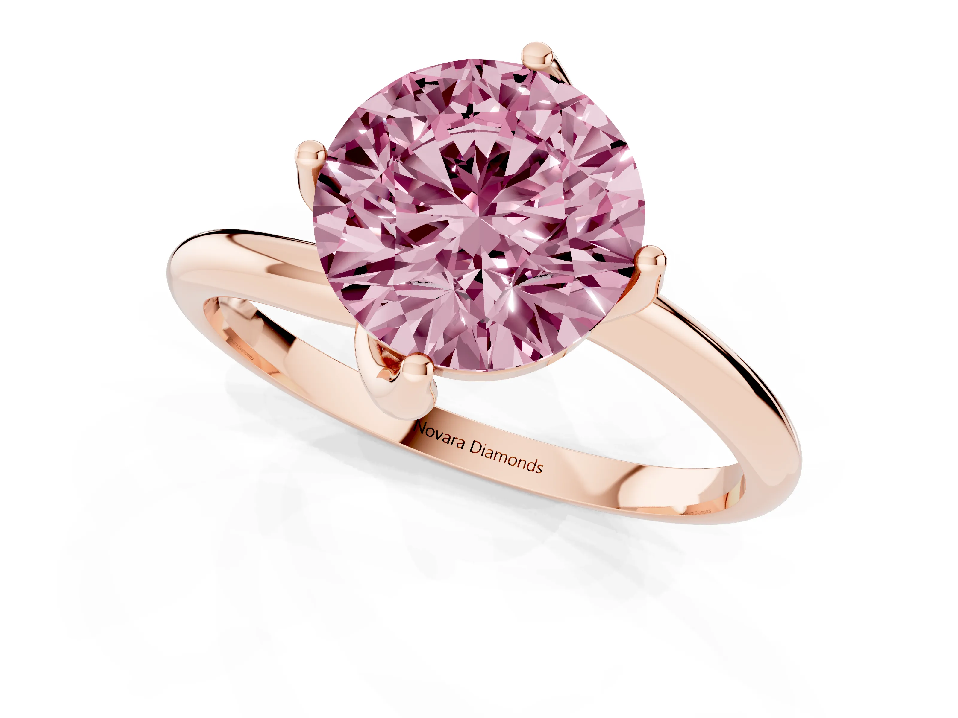 Fancy Pink Round Cut Diamond Solitaire Engagement Ring Set in Rose gold with Classic Plain Band