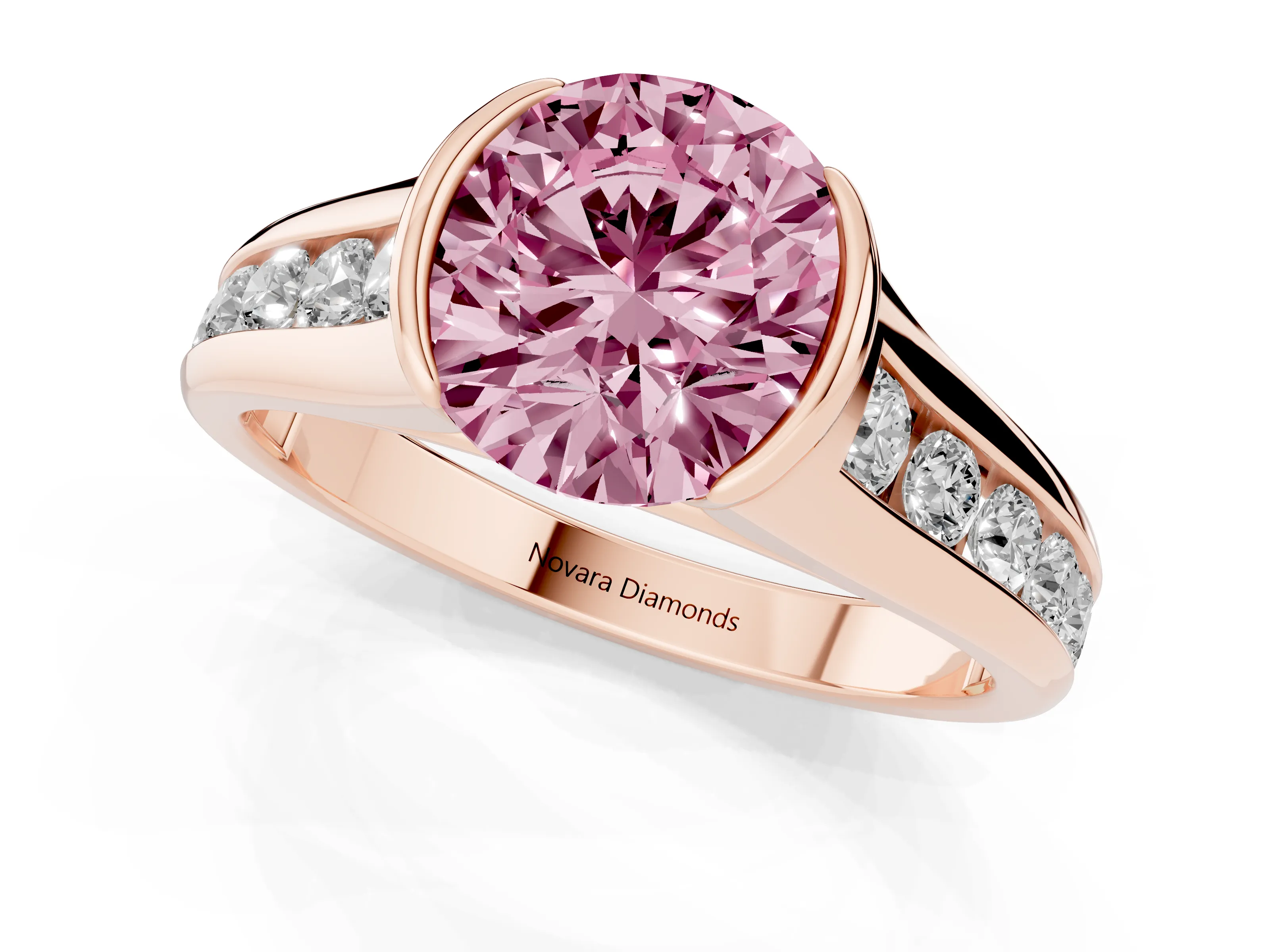 Fancy Pink Round Cut Diamond Bezel-Set Solitaire Ring Set in Rose gold with Channel-Set Band