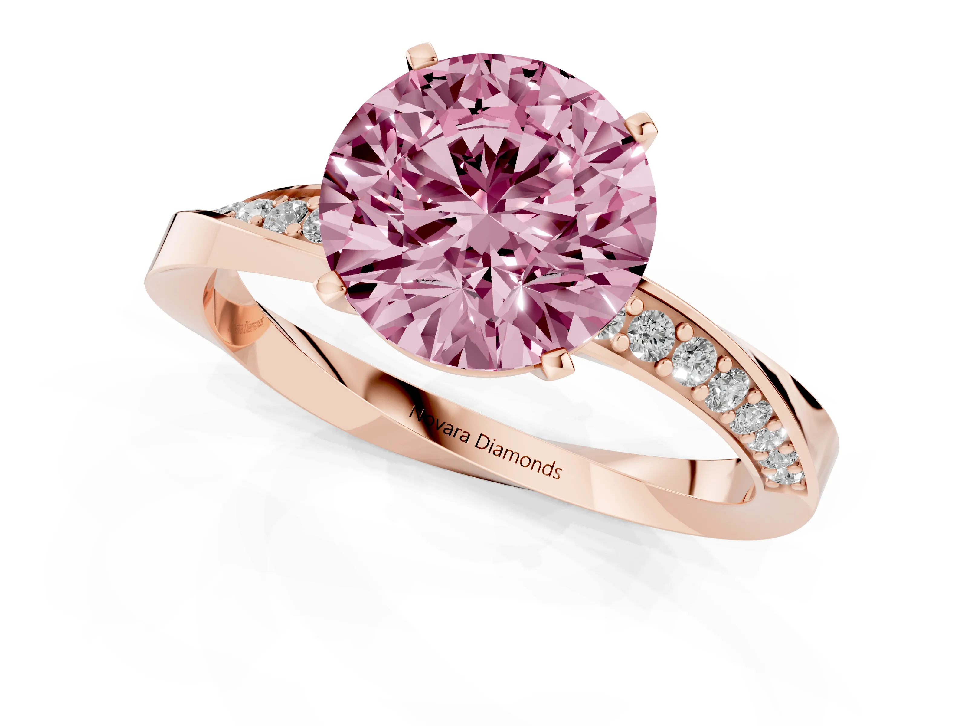 Fancy Pink Round Cut Diamond Engagement Ring Set in Rose gold with Side Stone Accents and Prong Setting