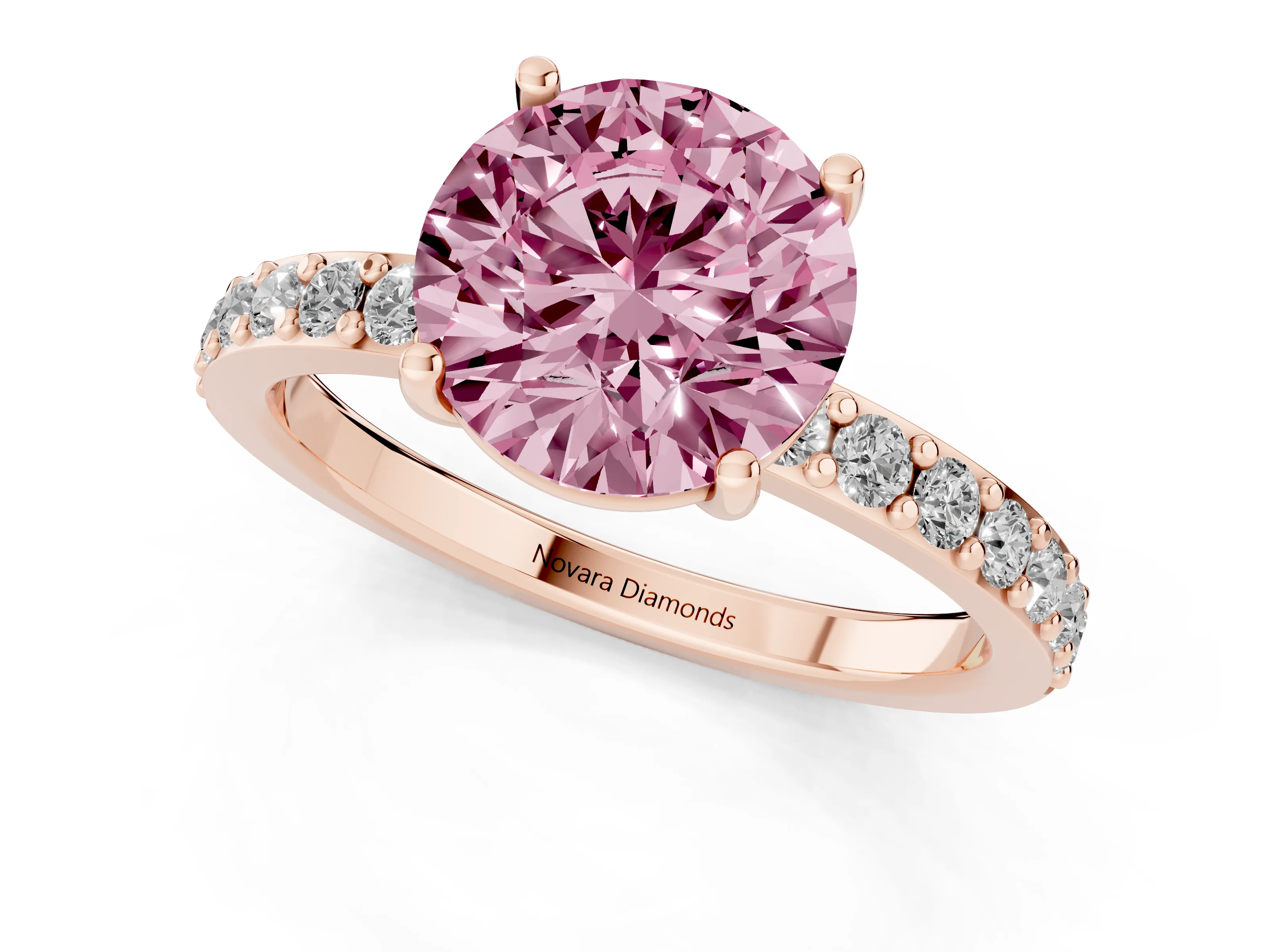 Fancy Pink Round Cut Diamond Solitaire Set in Rose gold with Round Pavé Band and Prong Setting