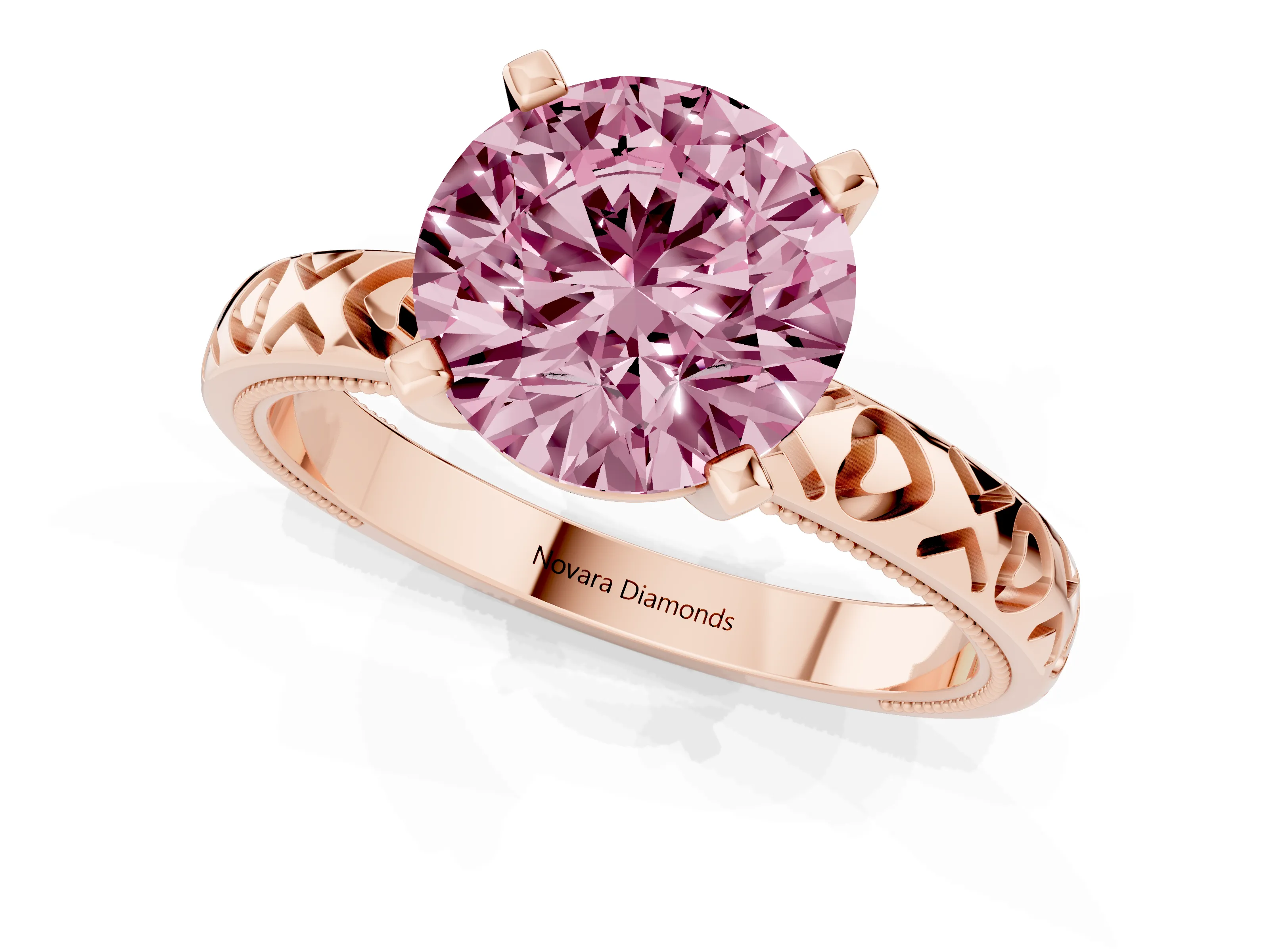 Fancy Pink Round Cut Diamond Solitaire Engagement Ring Set in Rose gold with XO Engraved Band and Prong Setting