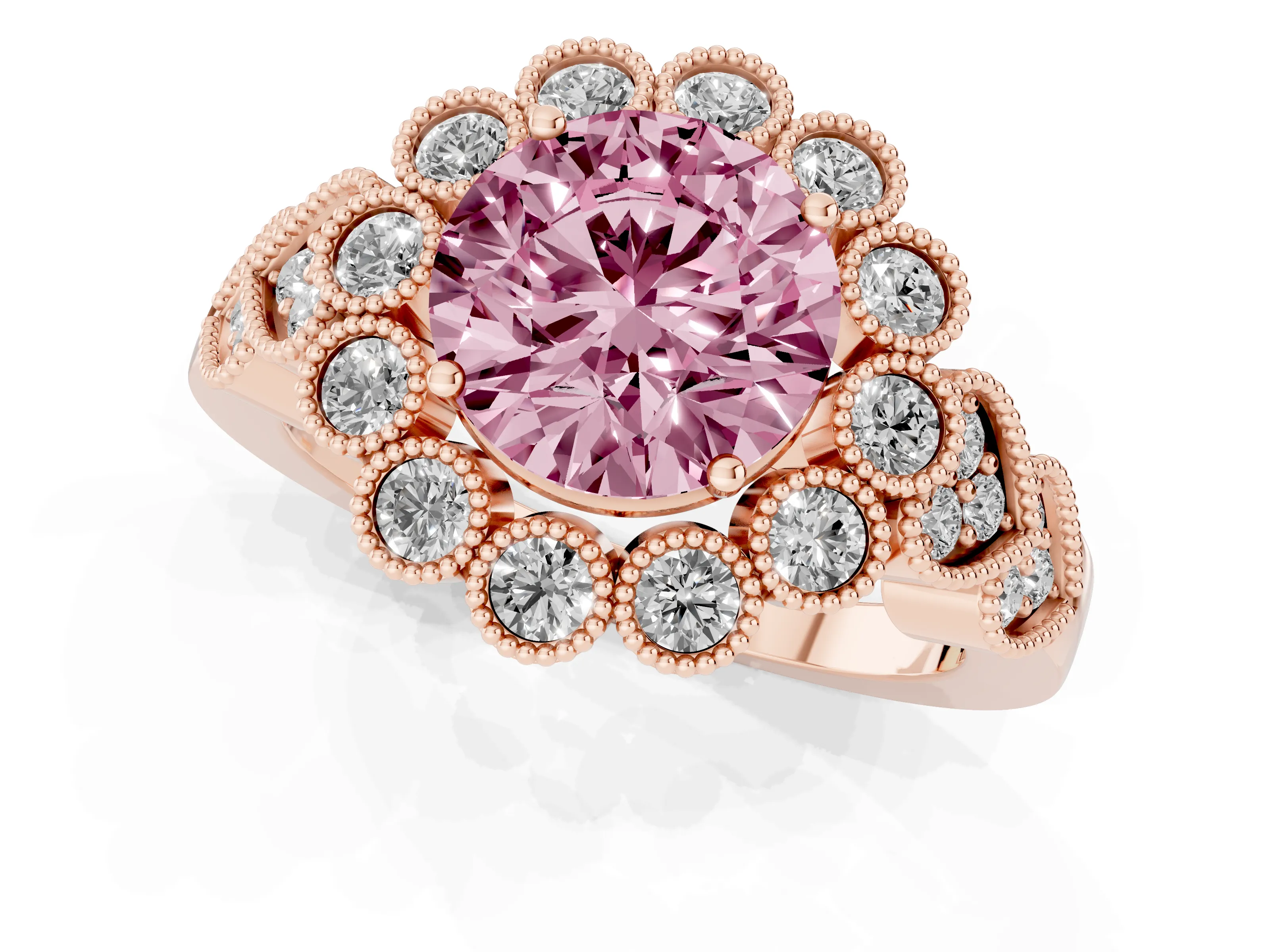Fancy Pink Round Cut Diamond Solitaire Ring Set in Rose gold with Milgrain Pavé Heart Band
