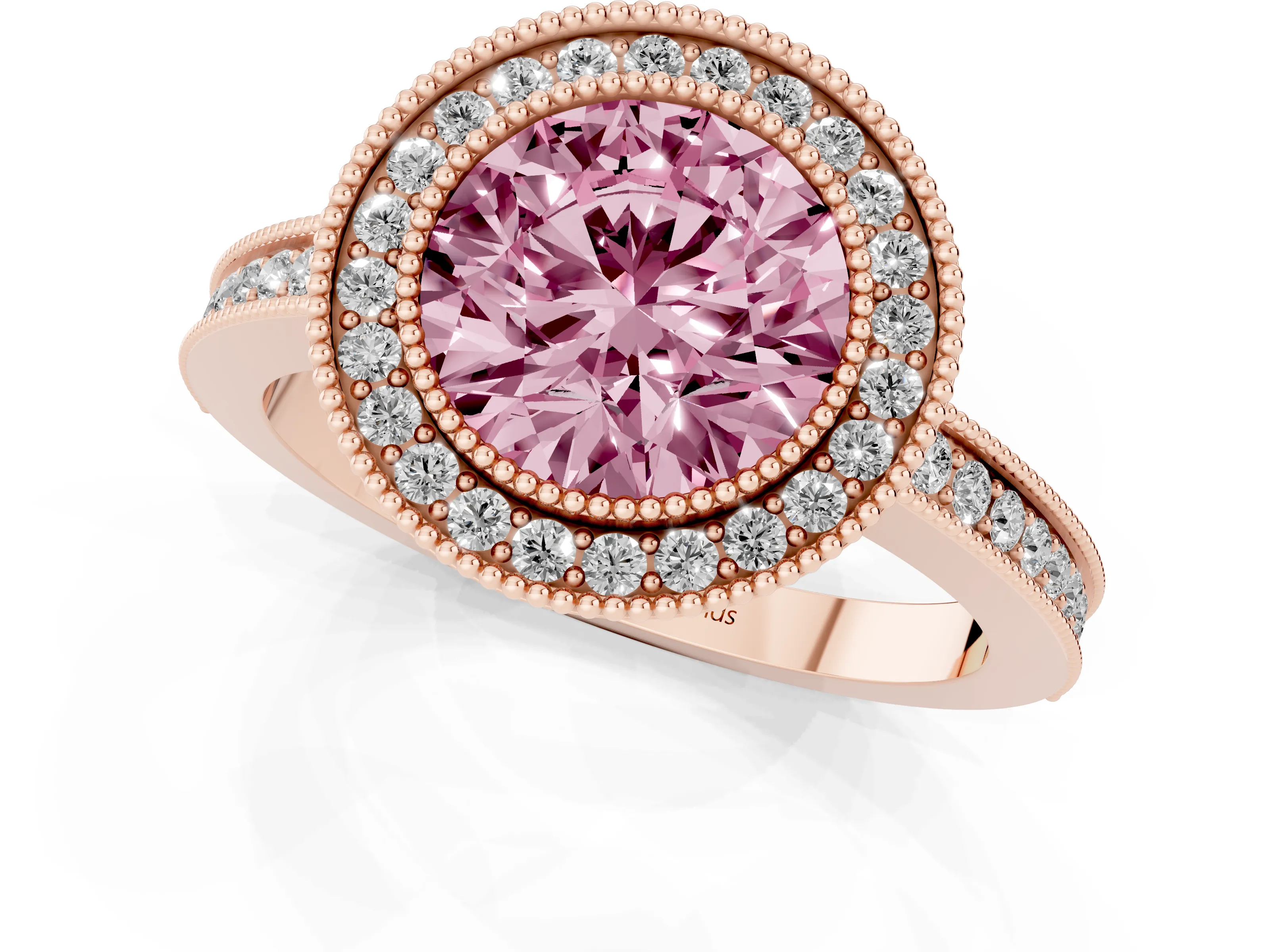 Fancy Pink Round Cut Diamond Halo Ring Set in Rose gold with Pavé Band and Milgrain-Edged Prongs