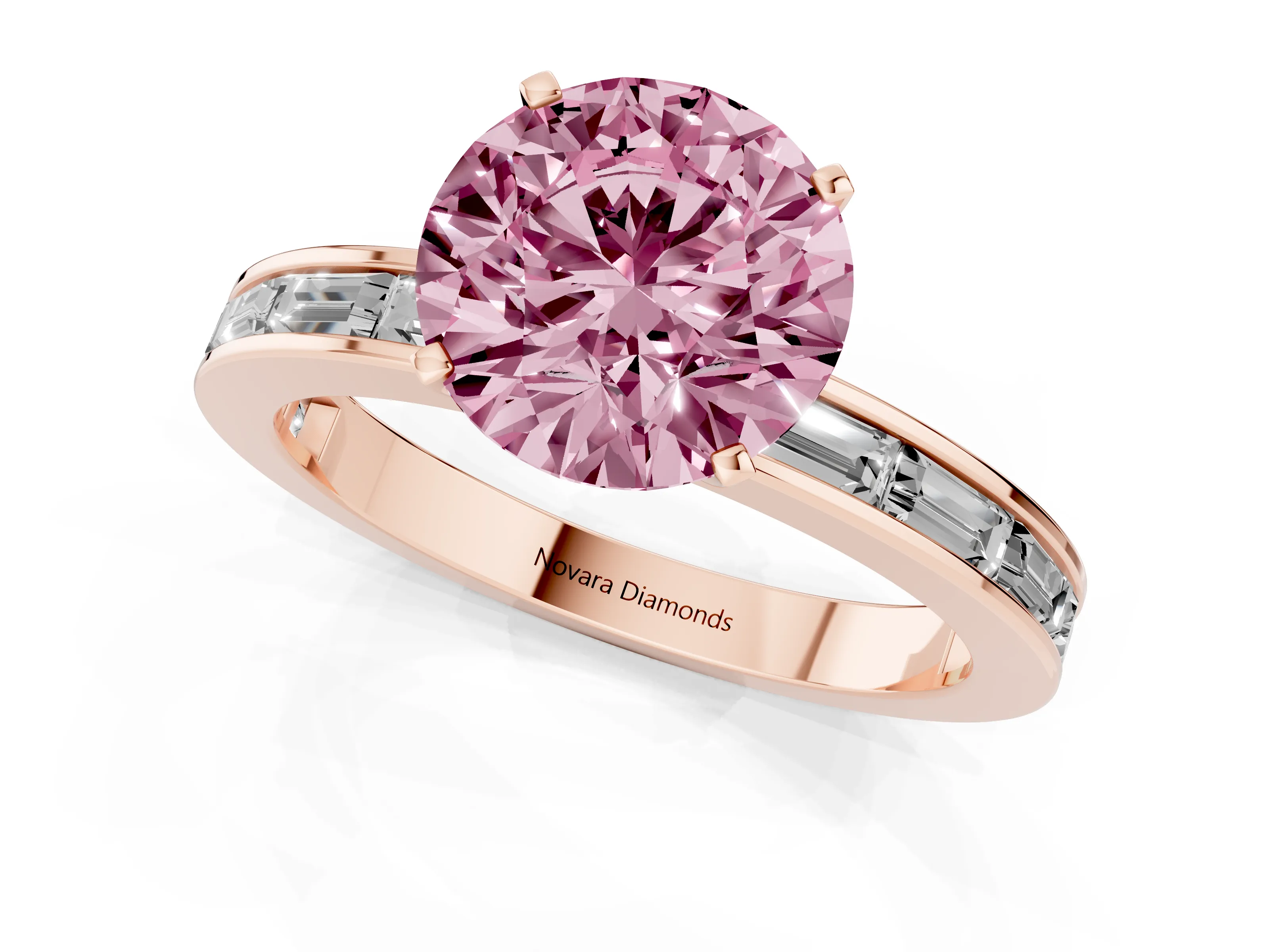 Fancy Pink Round Cut Diamond Solitaire Ring Set in Rose gold with Channel-Set Baguette Band and Prong Setting
