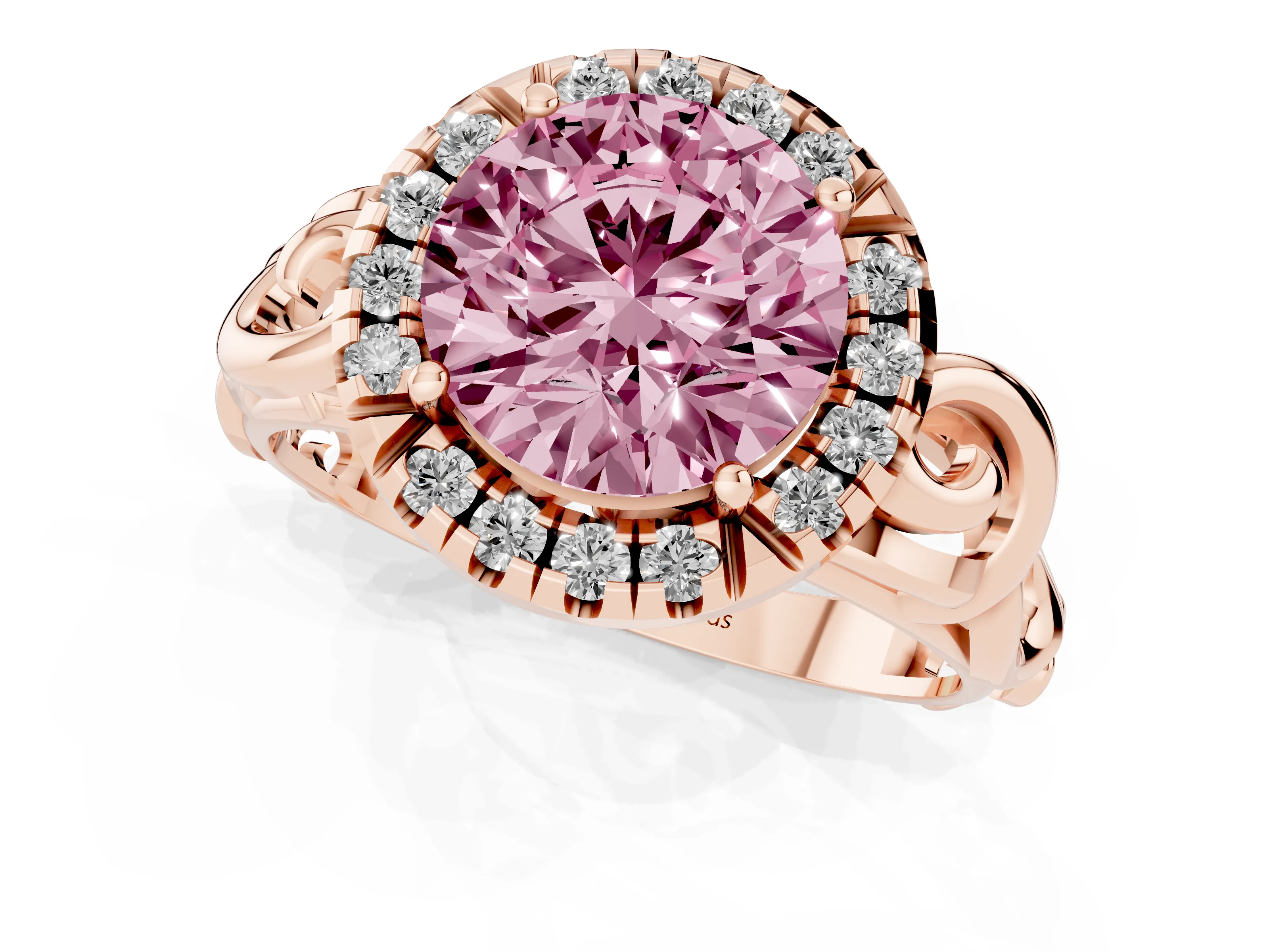 Fancy Pink Round Cut Diamond Halo Ring Set in Rose gold with Scrollwork Band and Prong Setting