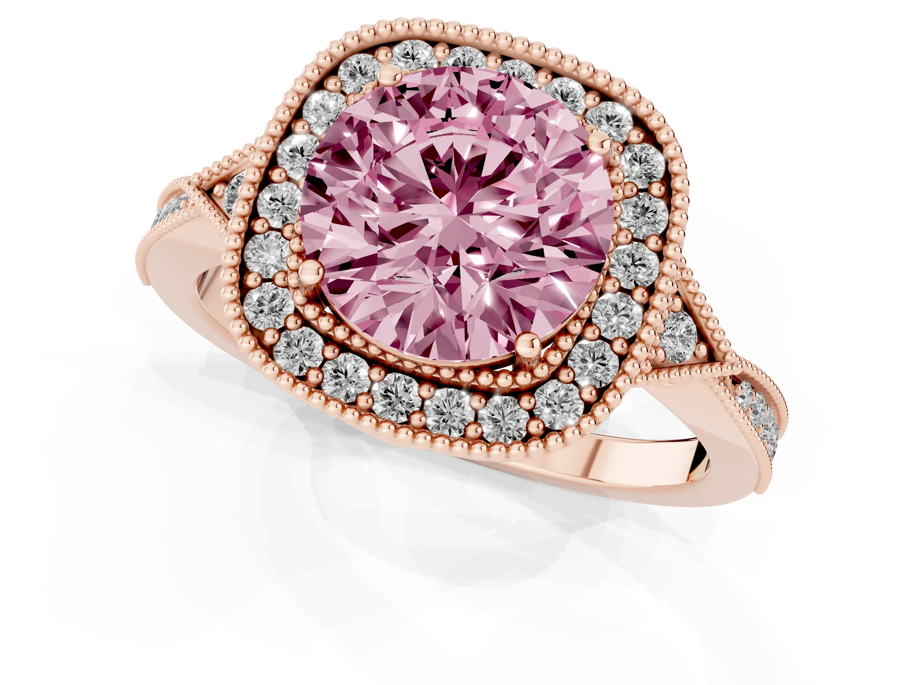 Fancy Pink Round Cut Diamond Halo Engagement Ring Set in Rose gold with Milgrain Pavé Band