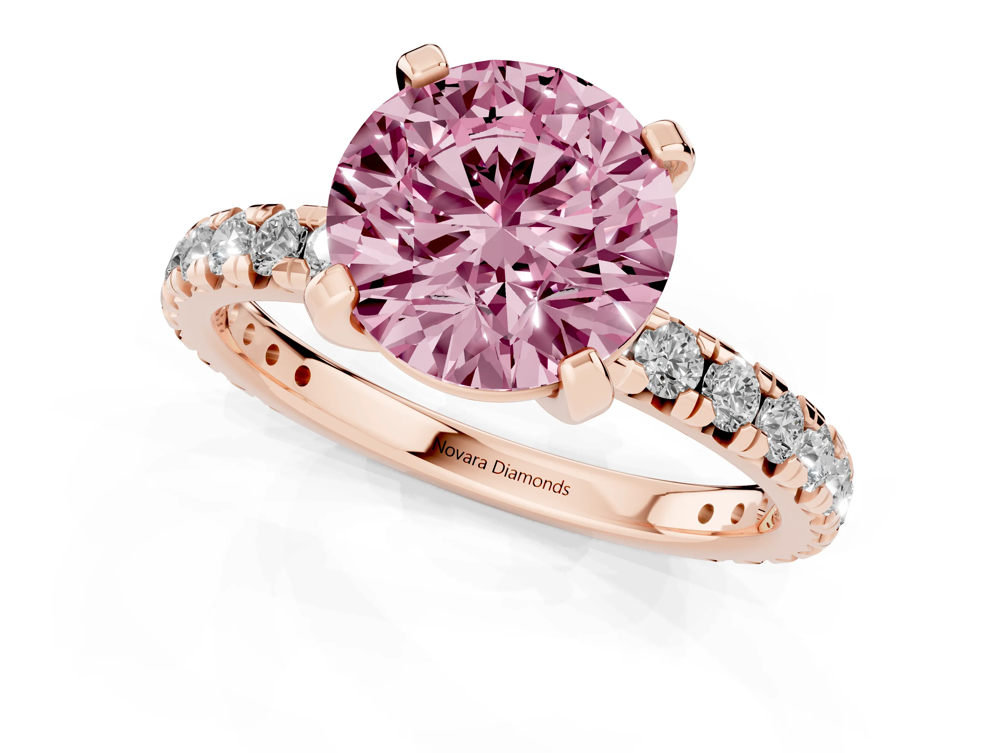 Fancy Pink Round Cut Diamond Pavé Solitaire Ring Set in Rose gold with Round Band and Prong Setting