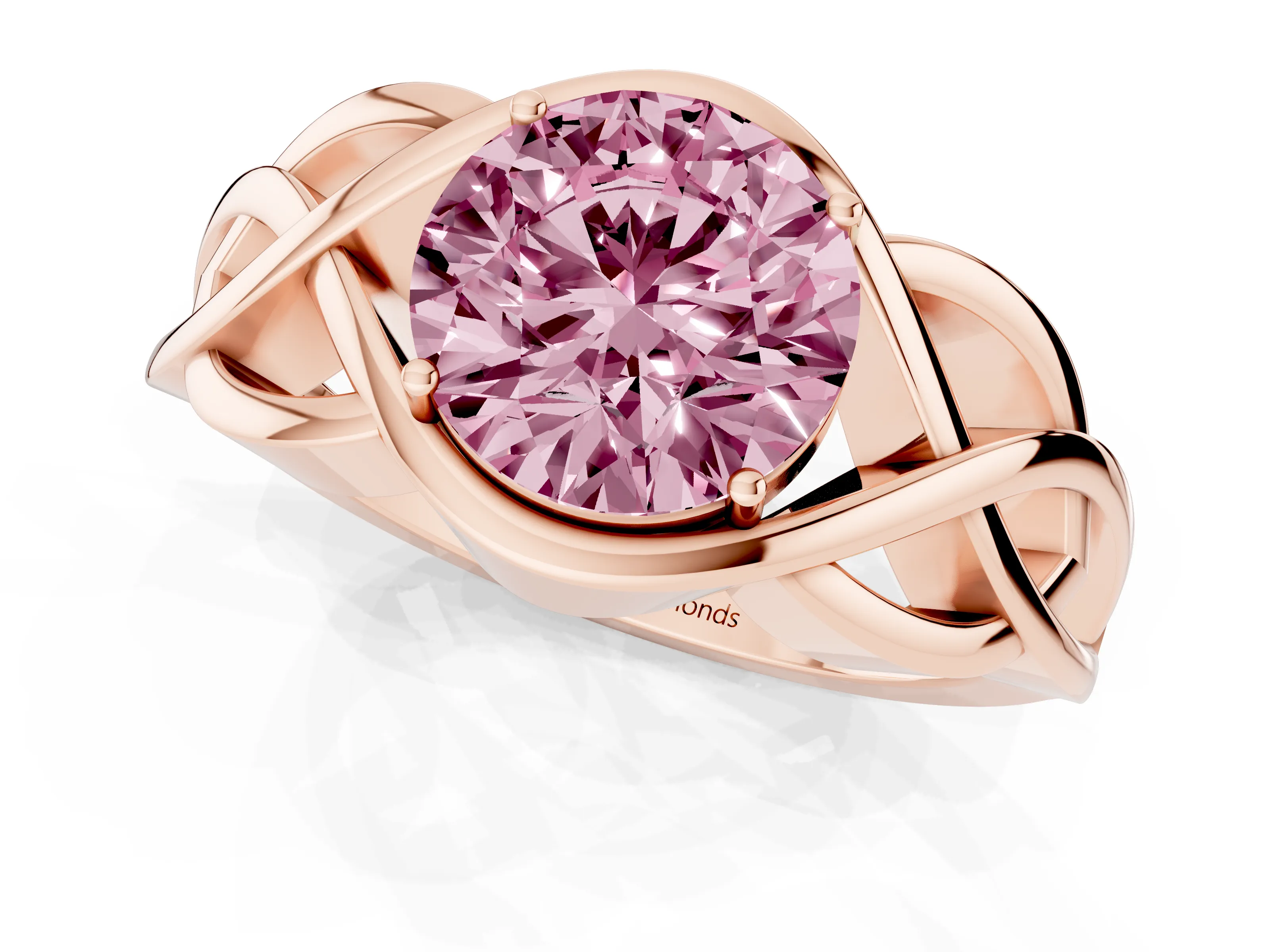 Fancy Pink Round Cut Diamond Solitaire Ring Set in Rose gold with Intertwined Band