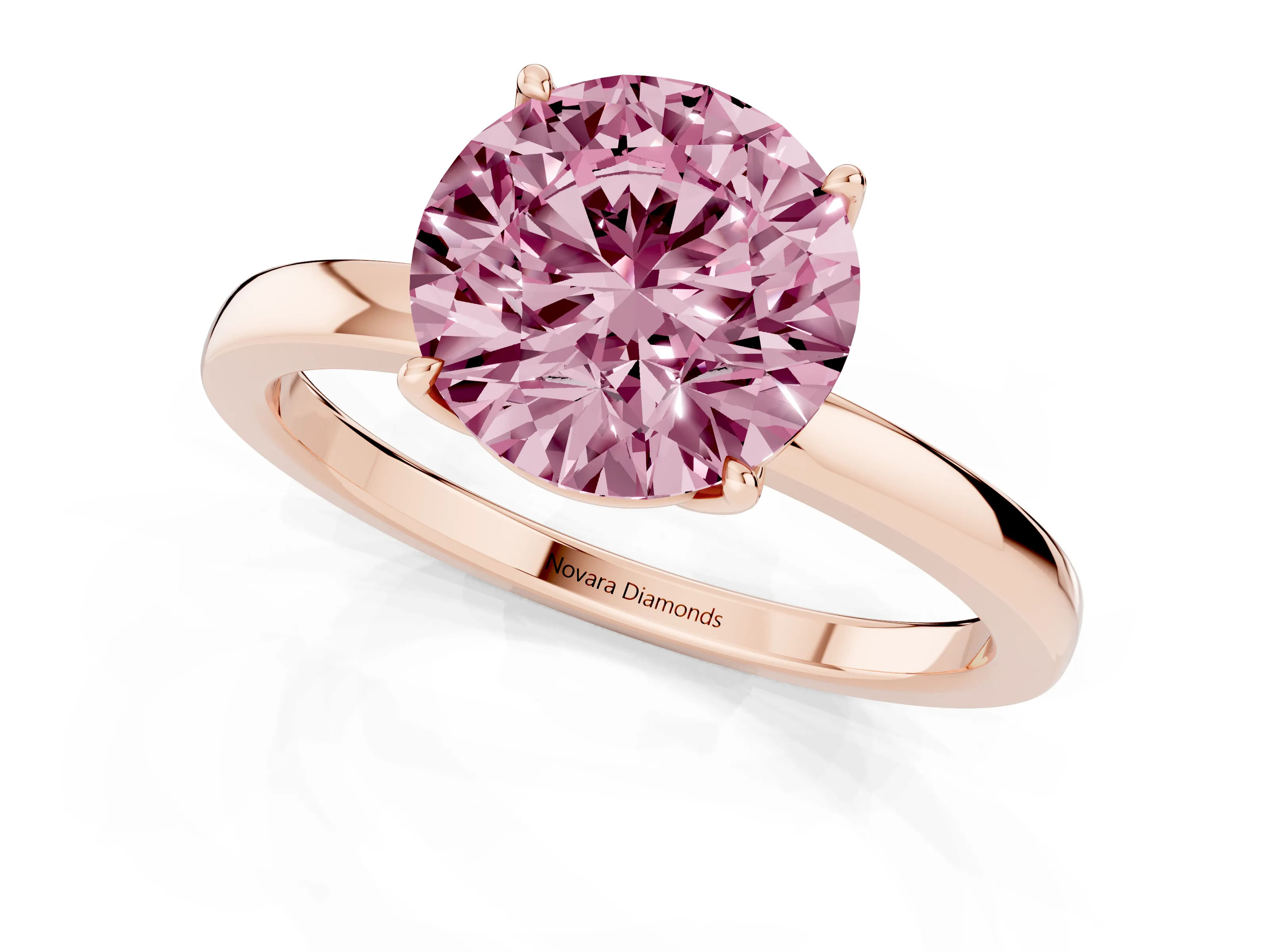 Fancy Pink Round Cut Diamond Solitaire Ring Set in Rose gold with Prong Setting and Thin Polished Band