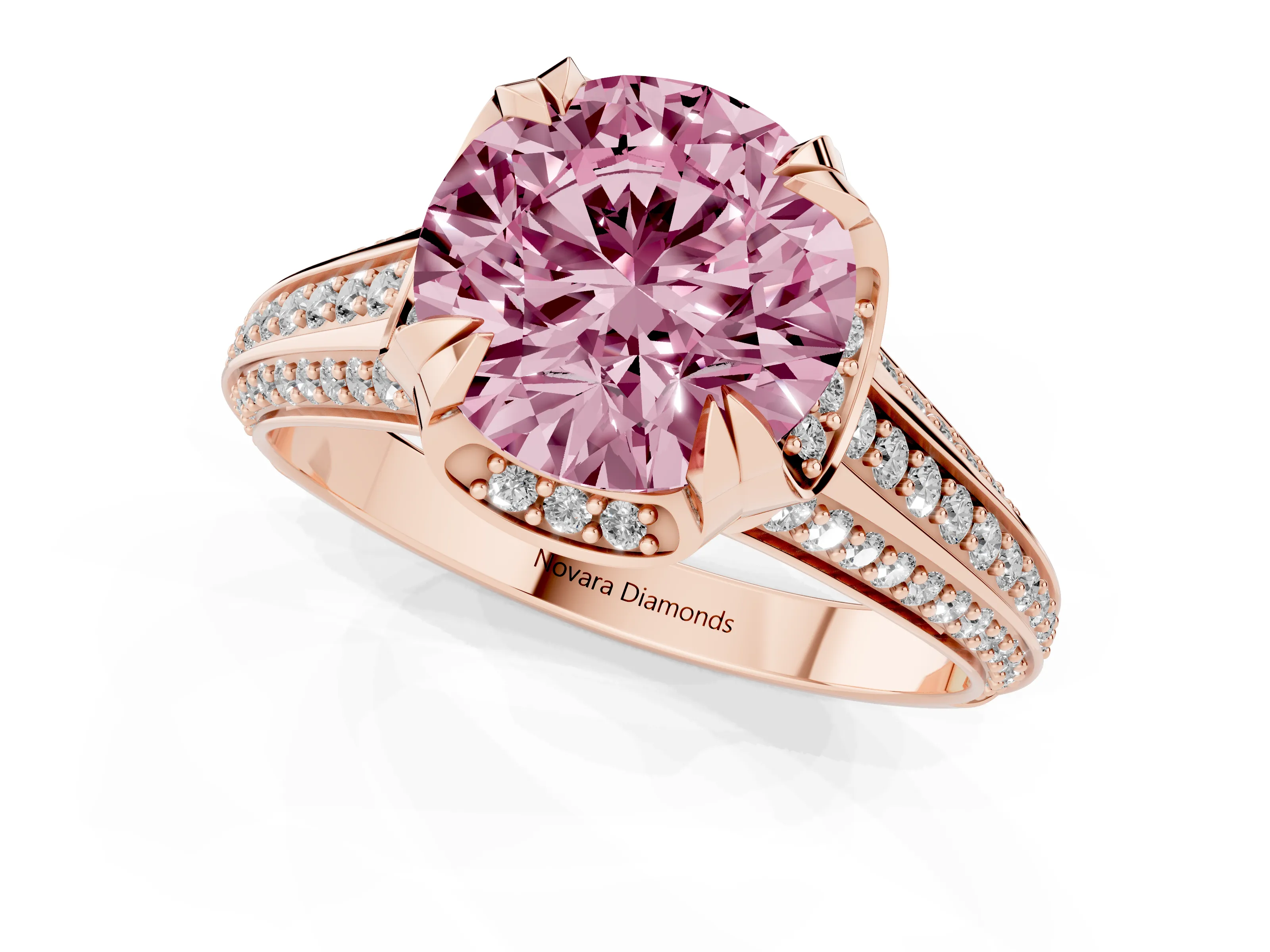 Fancy Pink Round Cut Diamond Pavé Split Shank Solitaire Ring Set in Rose gold with Prong Setting