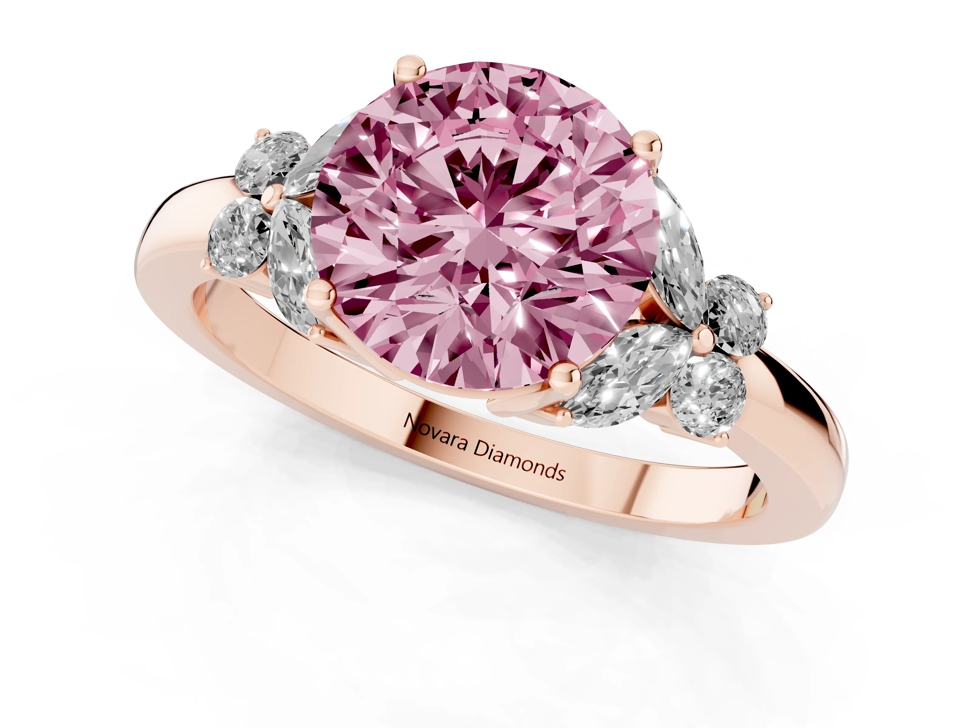 Fancy Pink Round Cut Diamond Solitaire Floral Ring Set in Rose gold with Marquise Petals and Prong Setting