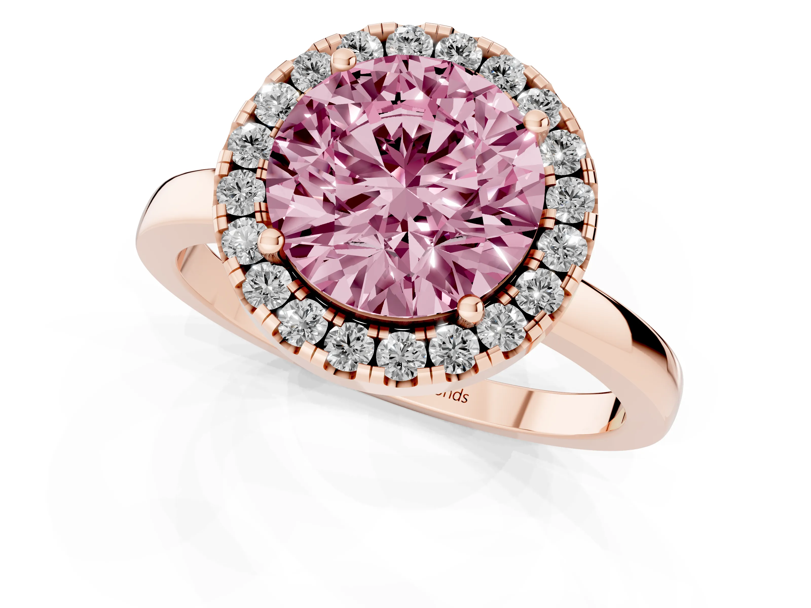 Fancy Pink Round Cut Diamond Halo Solitaire Ring Set in Rose gold with Pavé Band and Prong Setting