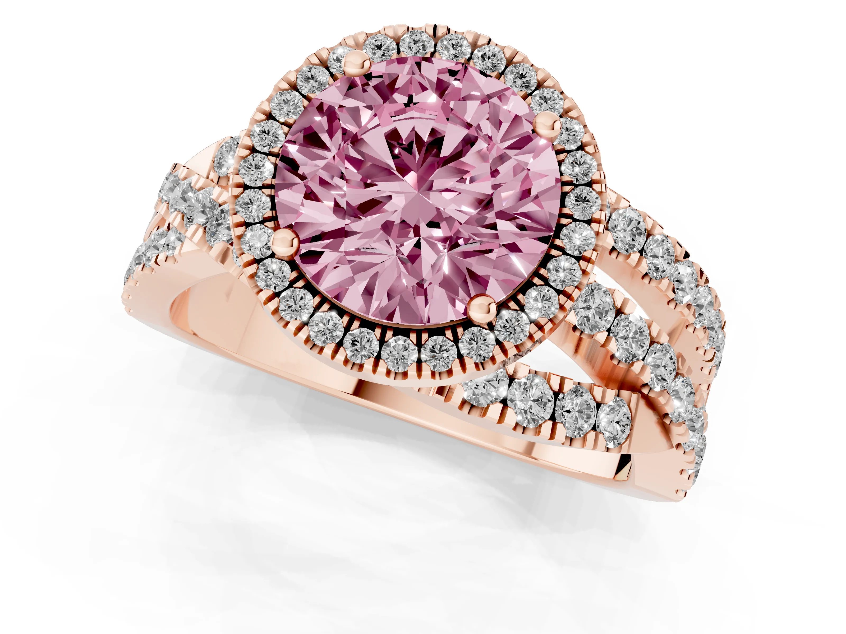 Fancy Pink Round Cut Diamond Halo Ring Set in Rose gold with Round Crossover Split Shank and Prong Setting