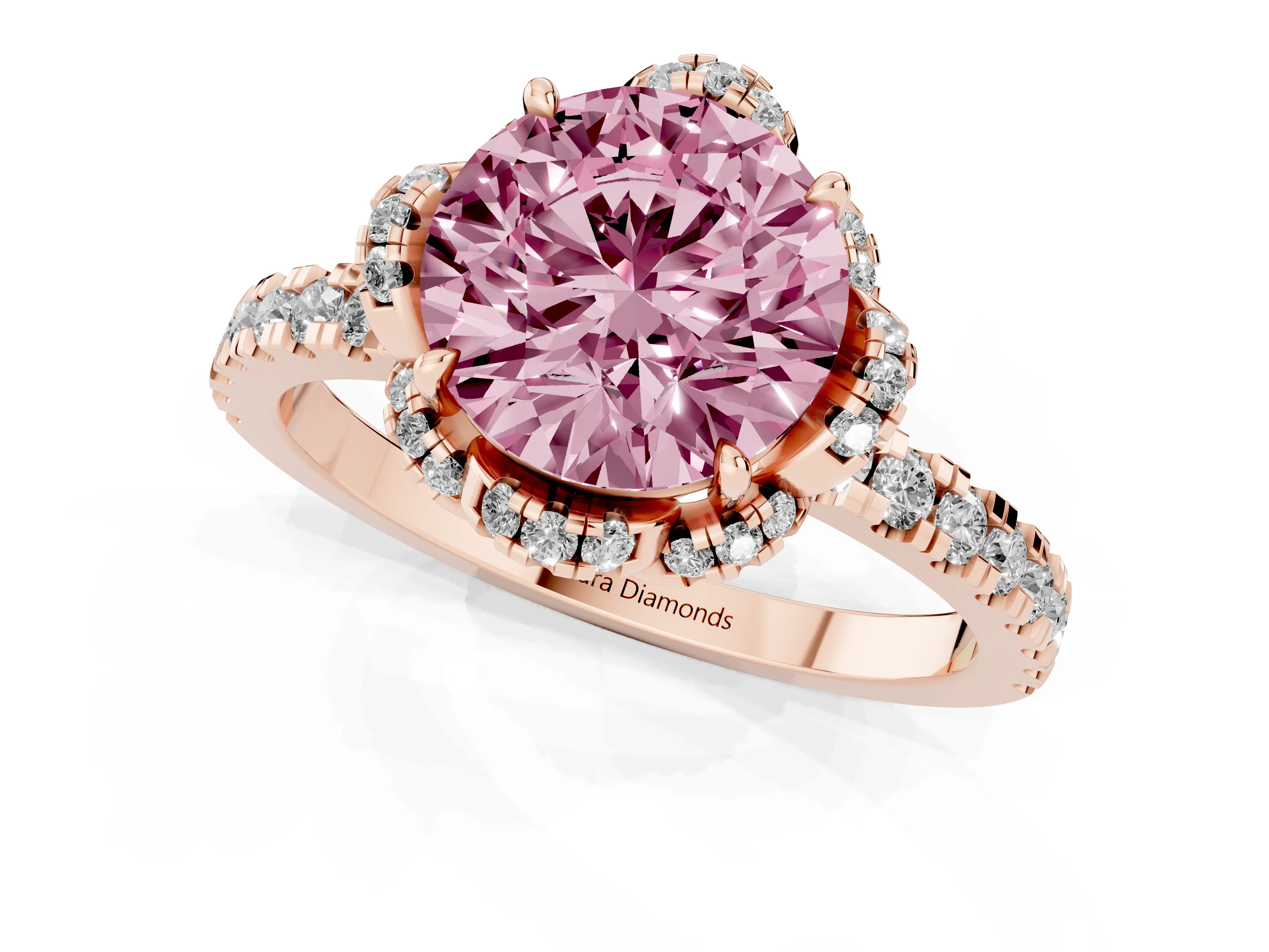 Fancy Pink Round Cut Diamond Halo Pavé Band Ring Set in Rose gold with Prong-Held Center