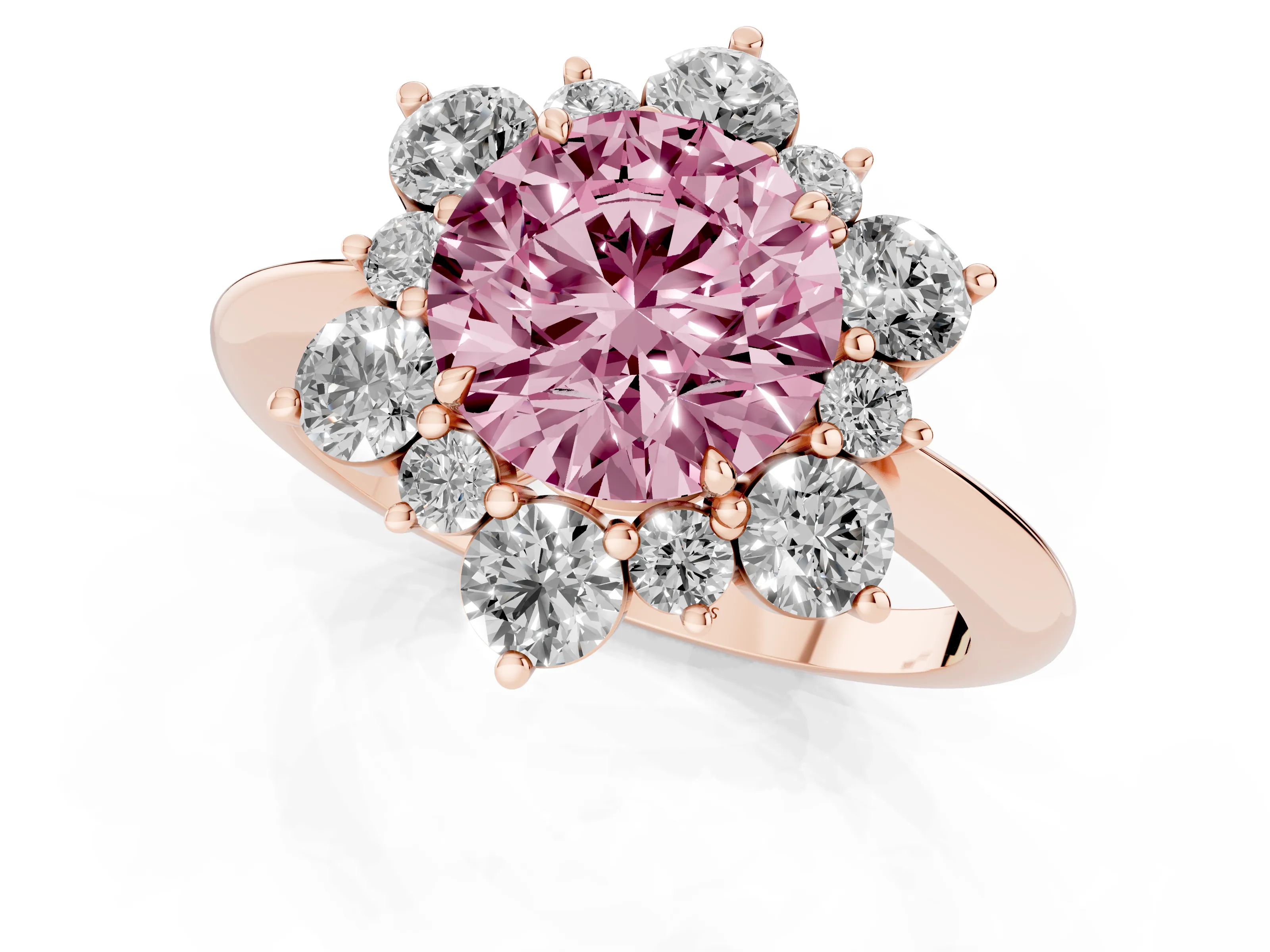 Fancy Pink Round Cut Diamond Cluster Halo Ring Set in Rose gold with Solitaire Band and Prong Setting
