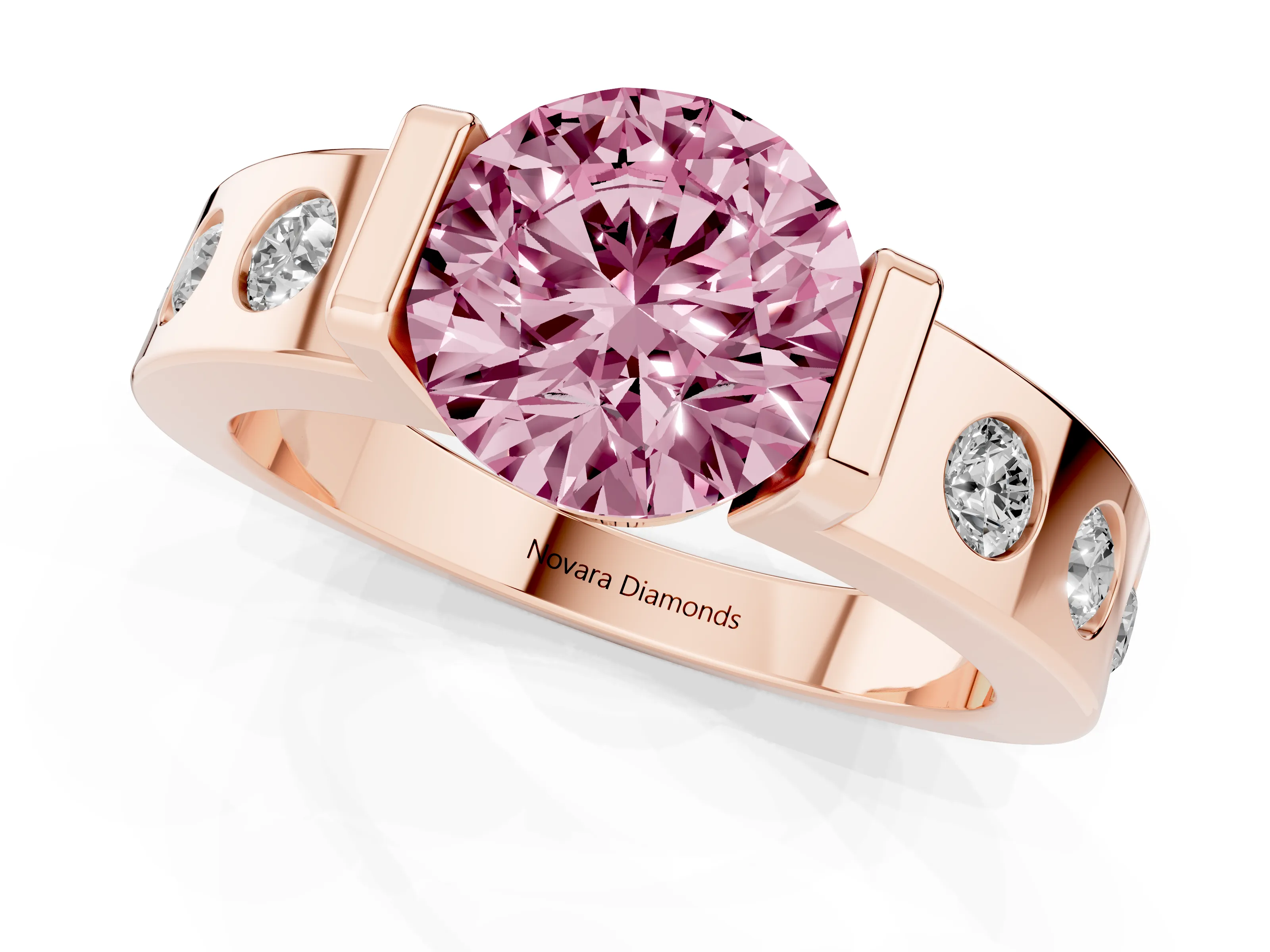 Fancy Pink Round Cut Diamond Channel-Set Band Ring Set in Rose gold with Bezel Prong Setting