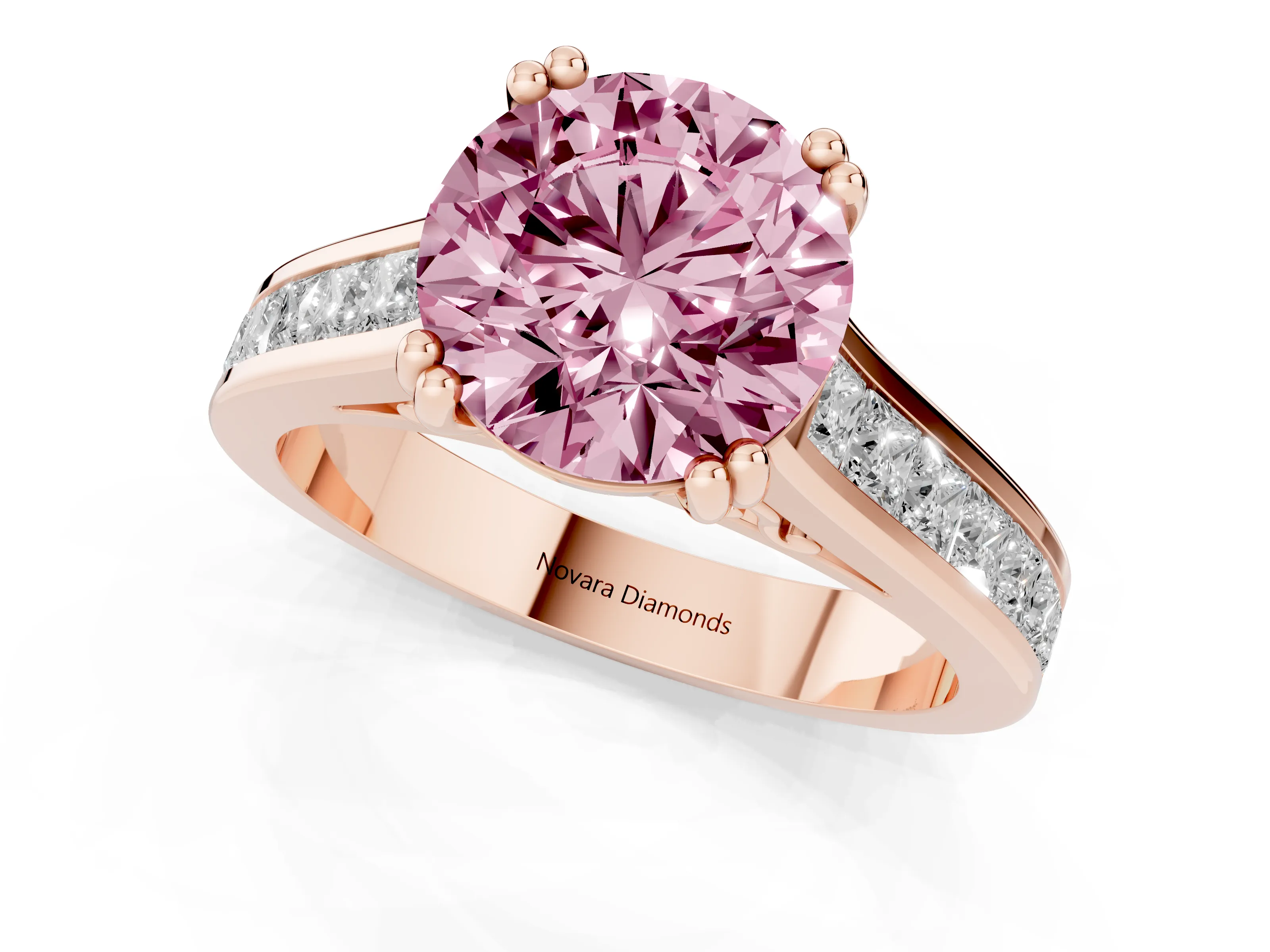 Fancy Pink Round Cut Diamond Channel Set Solitaire Engagement Ring Set in Rose gold with Prong Setting