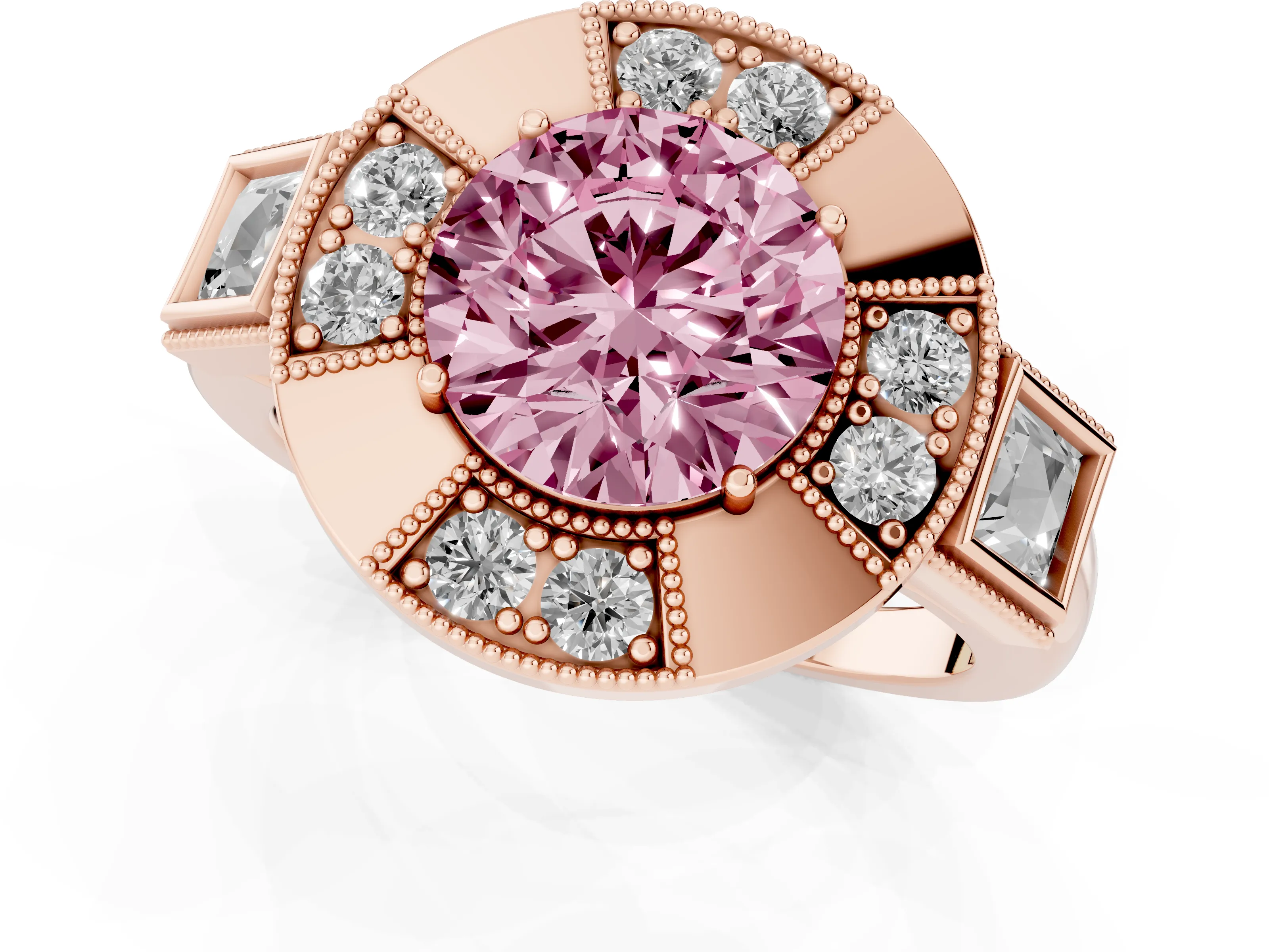 Fancy Pink Round Cut Diamond Milgrain Halo Ring Set in Rose gold with Split Shank