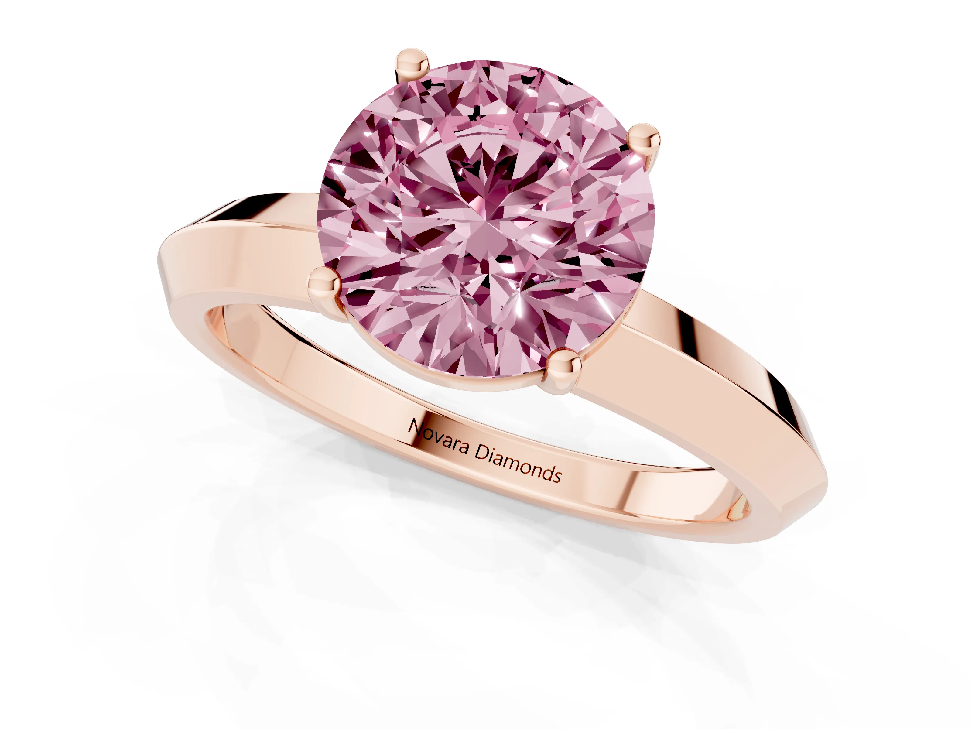Fancy Pink Round Cut Diamond Solitaire Engagement Ring Set in Rose gold with Flat Band and Prong Setting