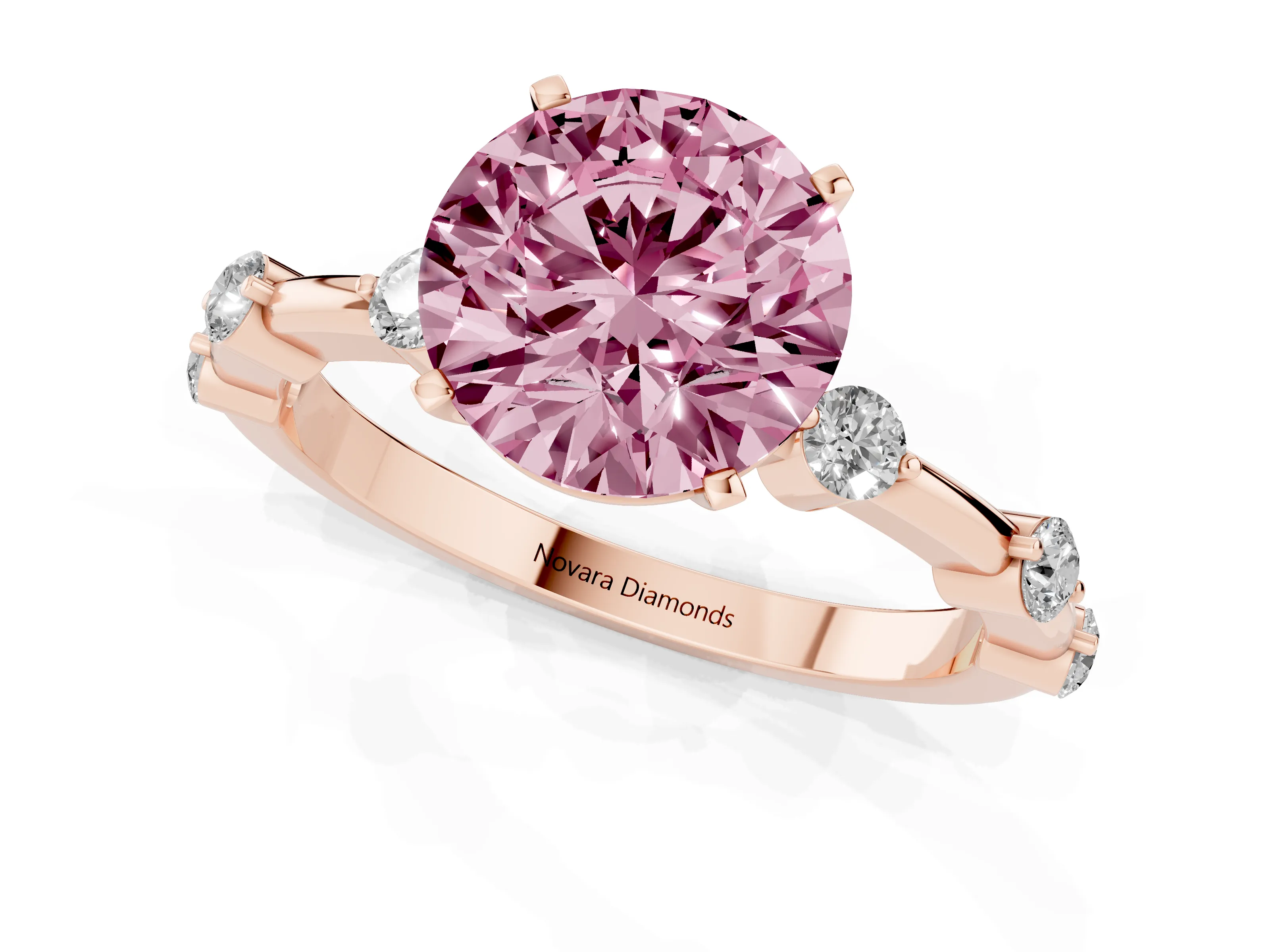 Fancy Pink Round Cut Diamond Solitaire Ring Set in Rose gold with Bezel Set Side Stones and Prong Setting