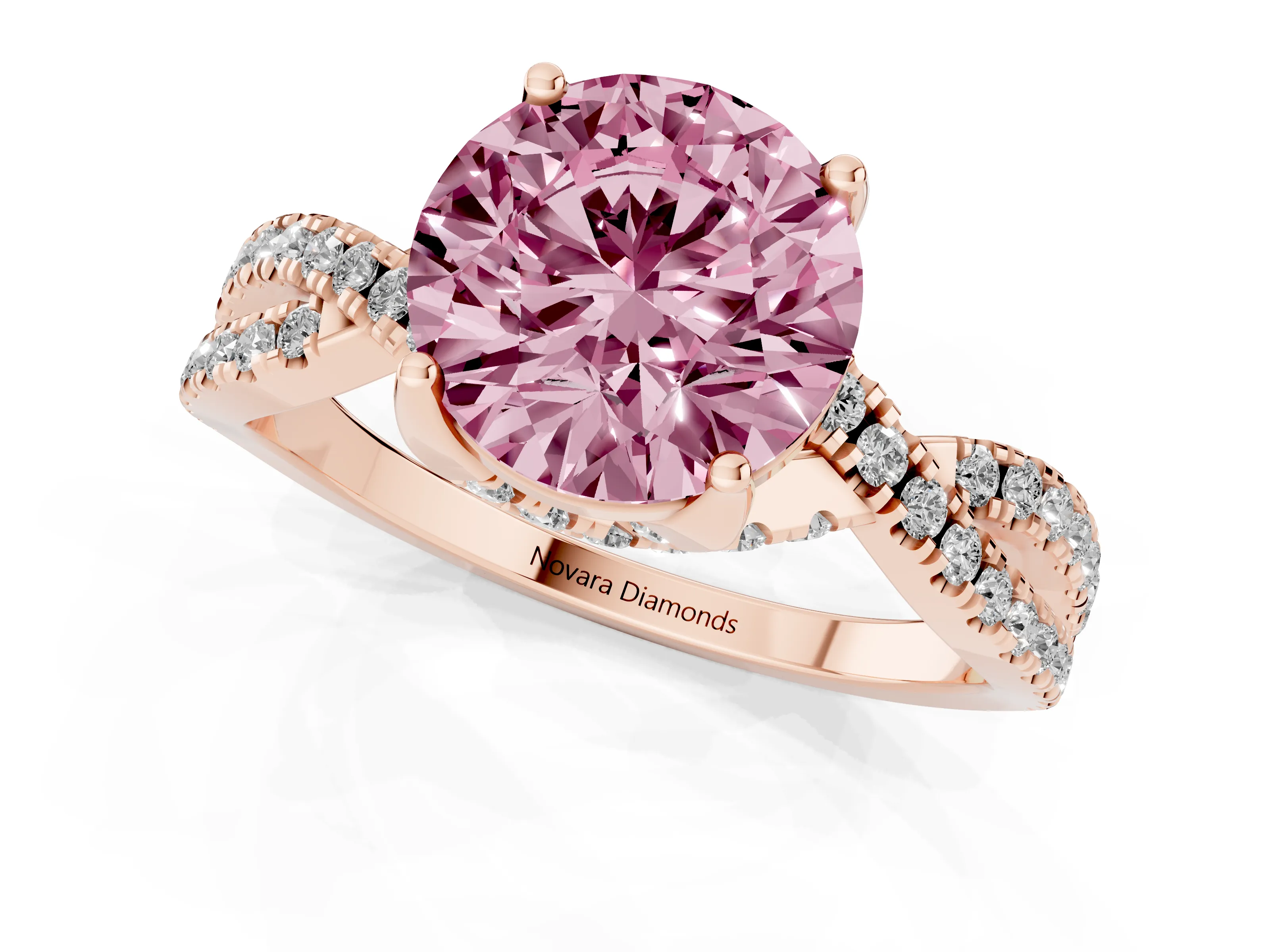 Fancy Pink Round Cut Diamond Twist Pavé Solitaire Engagement Ring Set in Rose gold with Prong Setting