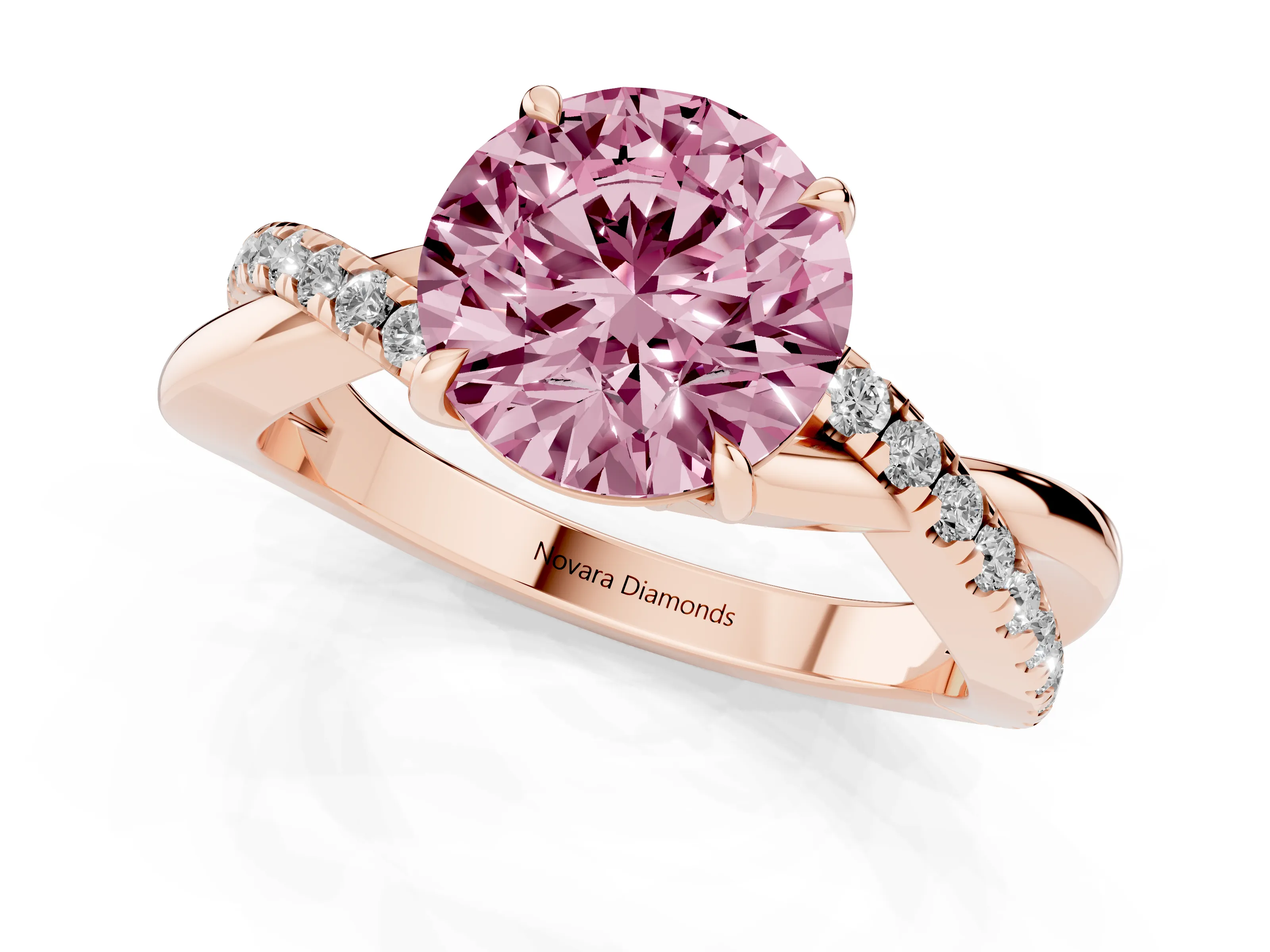 Fancy Pink Round Cut Diamond Twisted Pavé Band Ring Set in Rose gold with Prong Setting