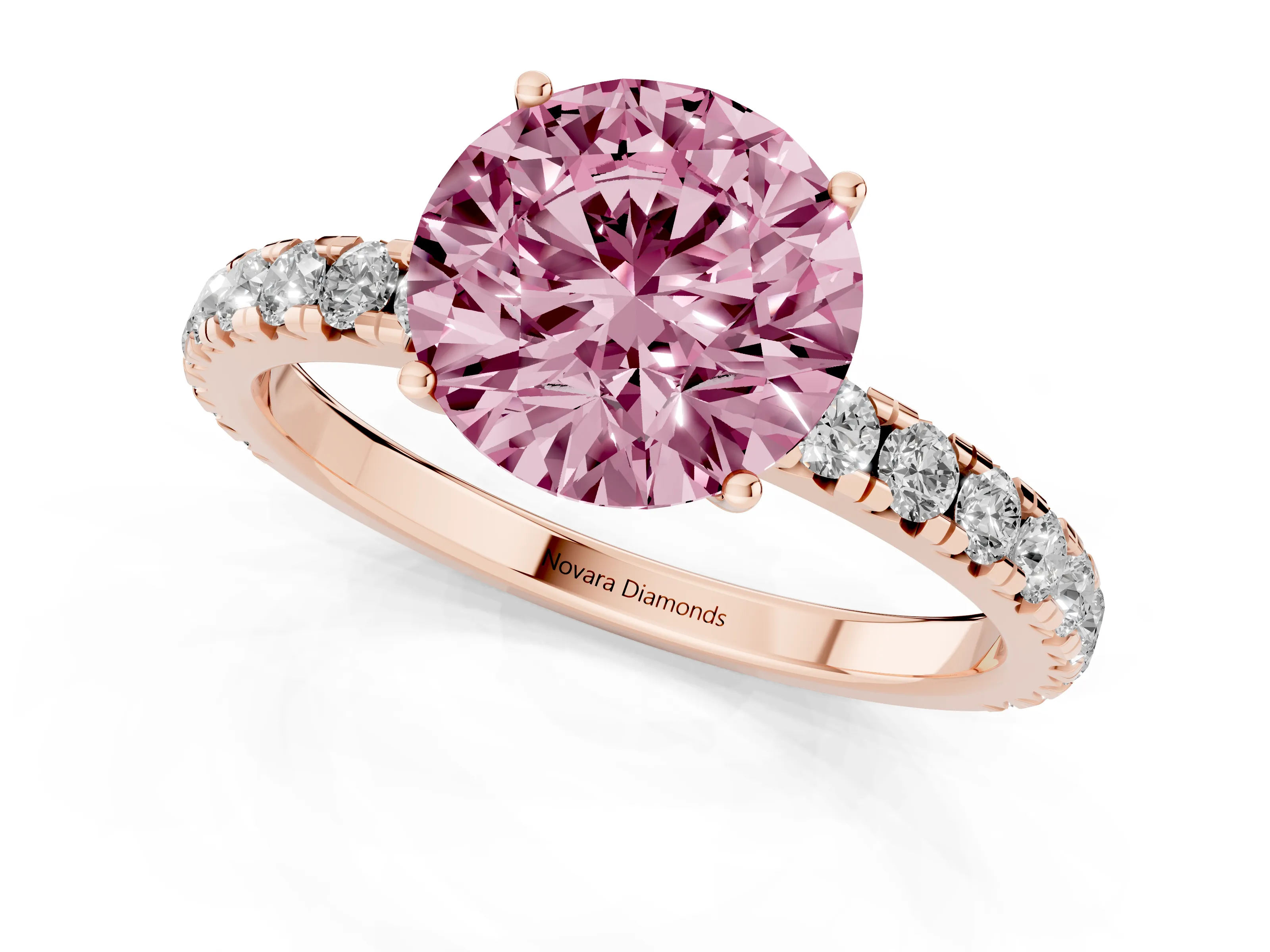 Fancy Pink Round Cut Diamond Pavé Solitaire Engagement Ring Set in Rose gold with Prong Setting