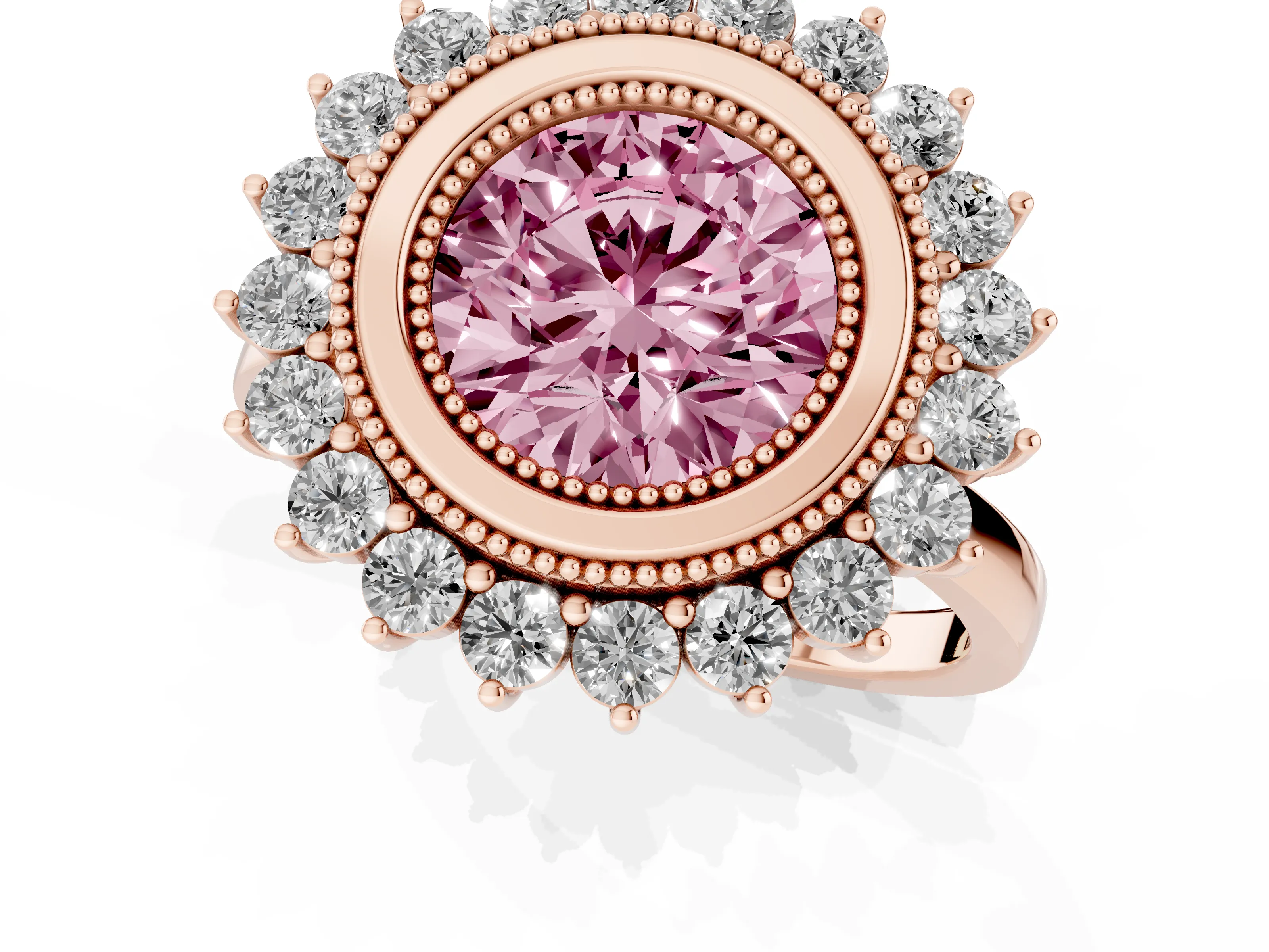 Fancy Pink Round Cut Diamond Halo Ring Set in Rose gold with Milgrain Edge and Round Prong Setting