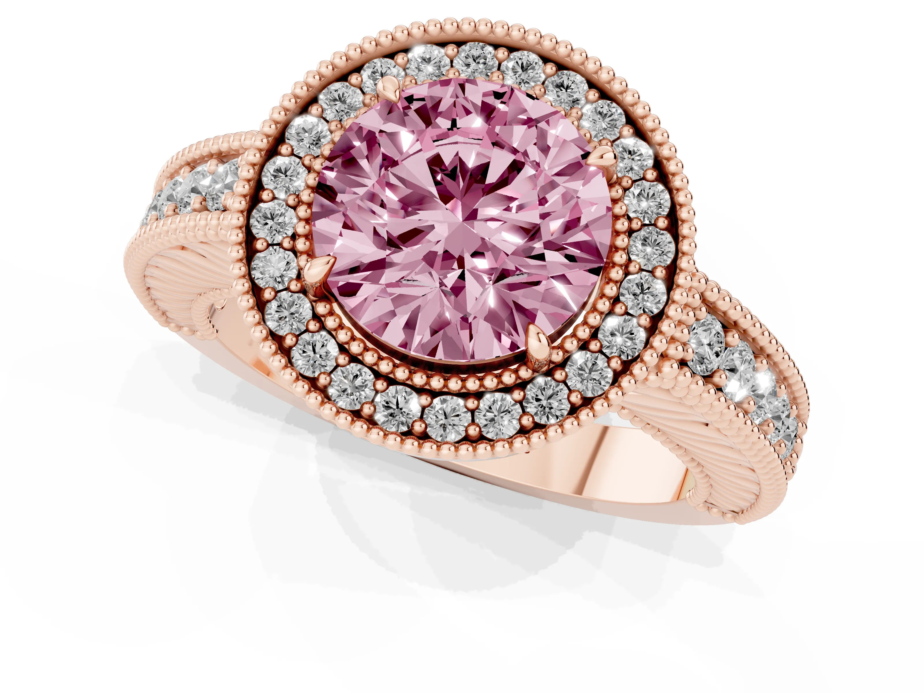 Fancy Pink Round Cut Diamond Halo Ring Set in Rose gold with Round Accent Halo, Pavé Band and Prong Setting