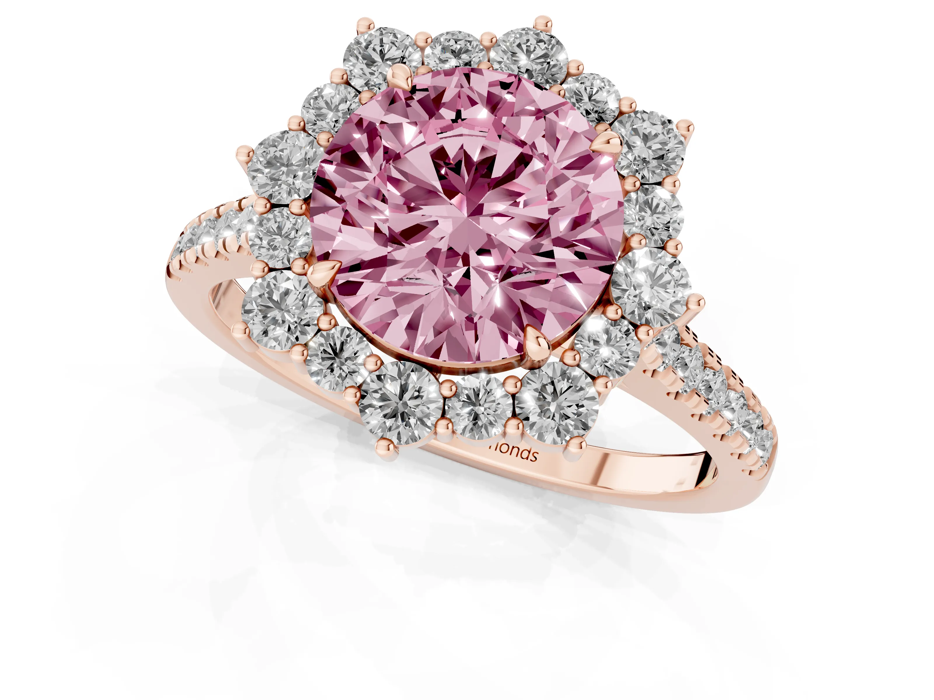 Fancy Pink Round Cut Diamond Halo Ring Set in Rose gold with Pavé Band and Prong Setting