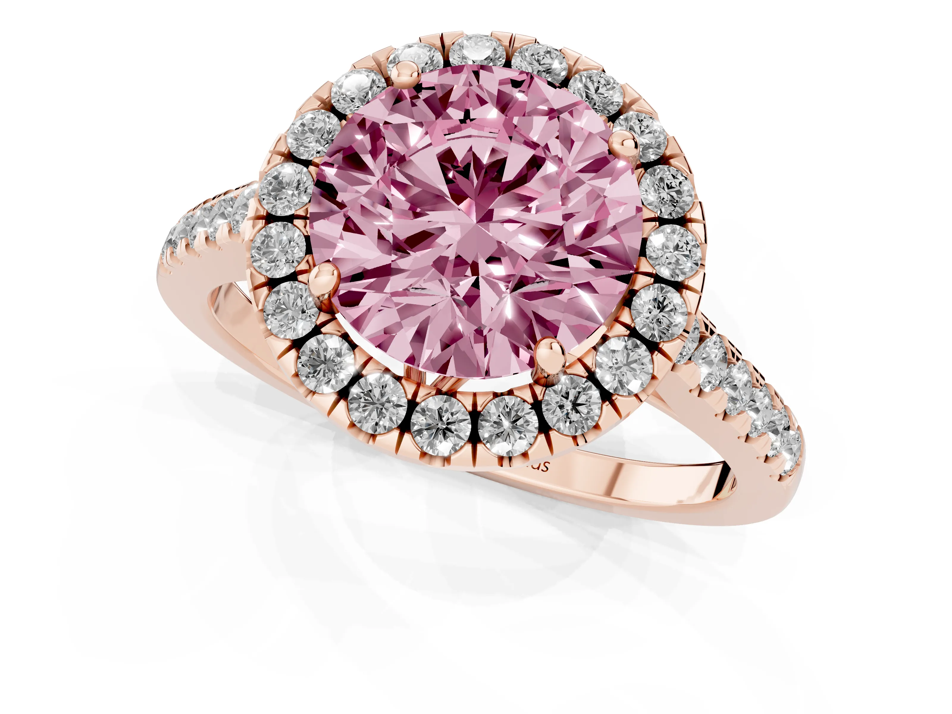 Fancy Pink Round Cut Diamond Pavé Halo Engagement Ring Set in Rose gold with Pavé Band and Prong Setting