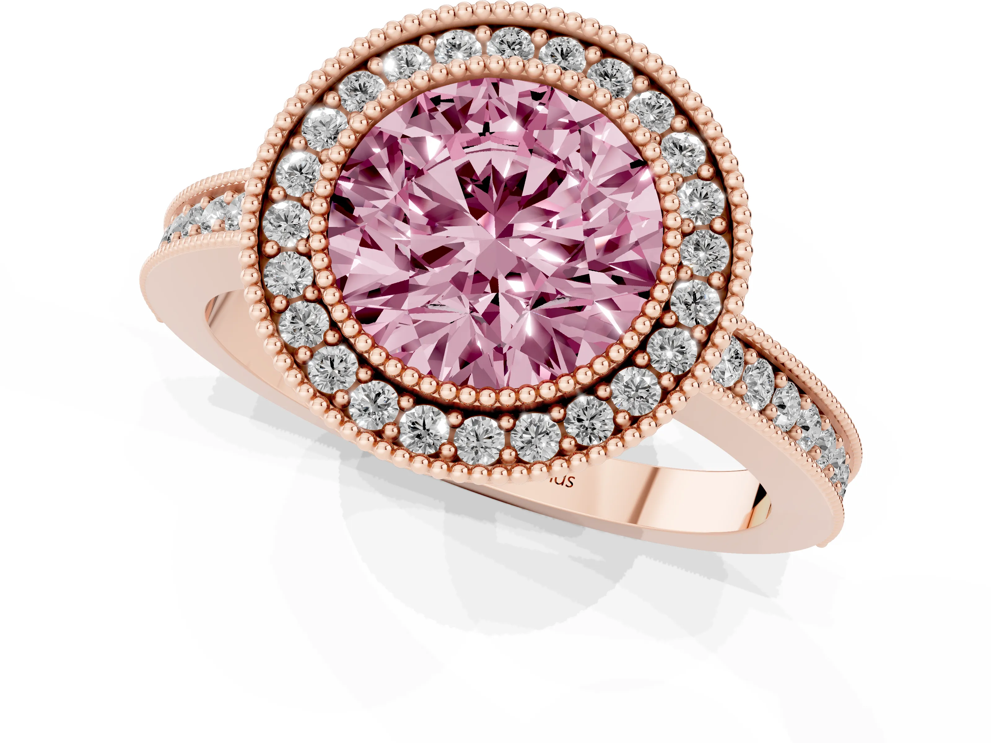 Fancy Pink Round Cut Diamond Round Halo Ring Set in Rose gold with Pavé Band